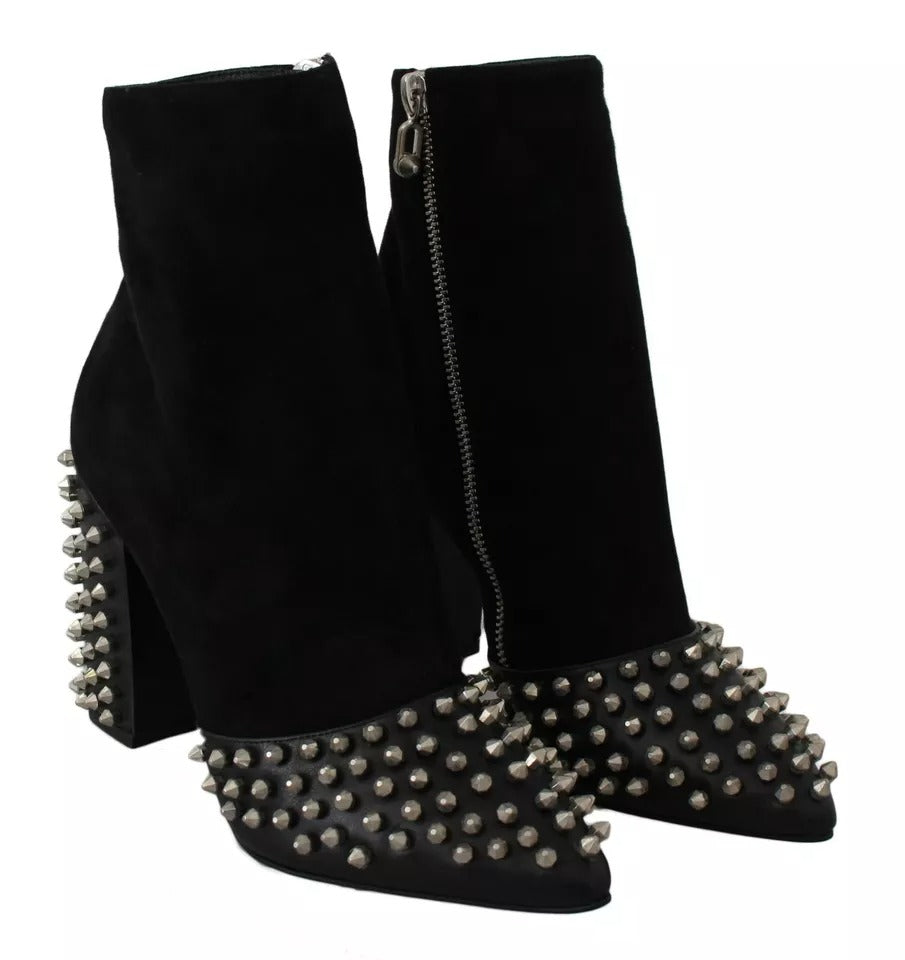 Black Suede Studded Heels Ankle Boots Shoes - ventzia