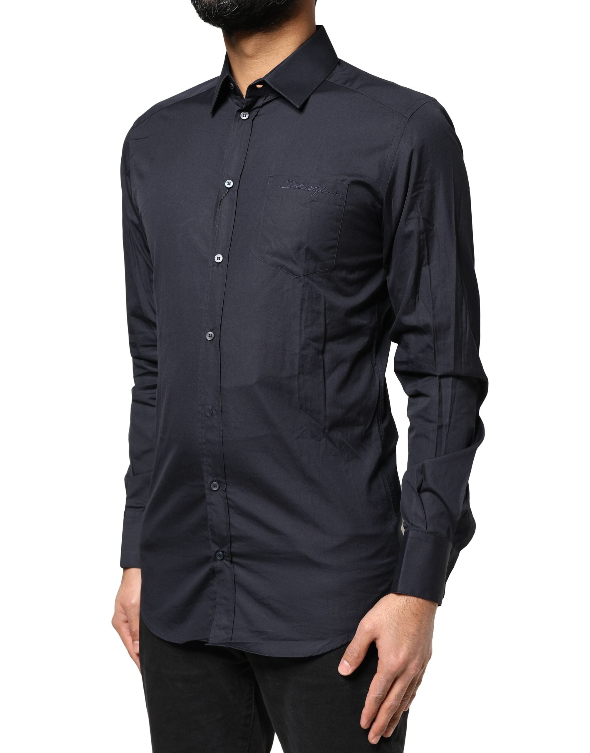 Dark Blue GOLD Cotton Long Sleeves Dress Shirt - ventzia