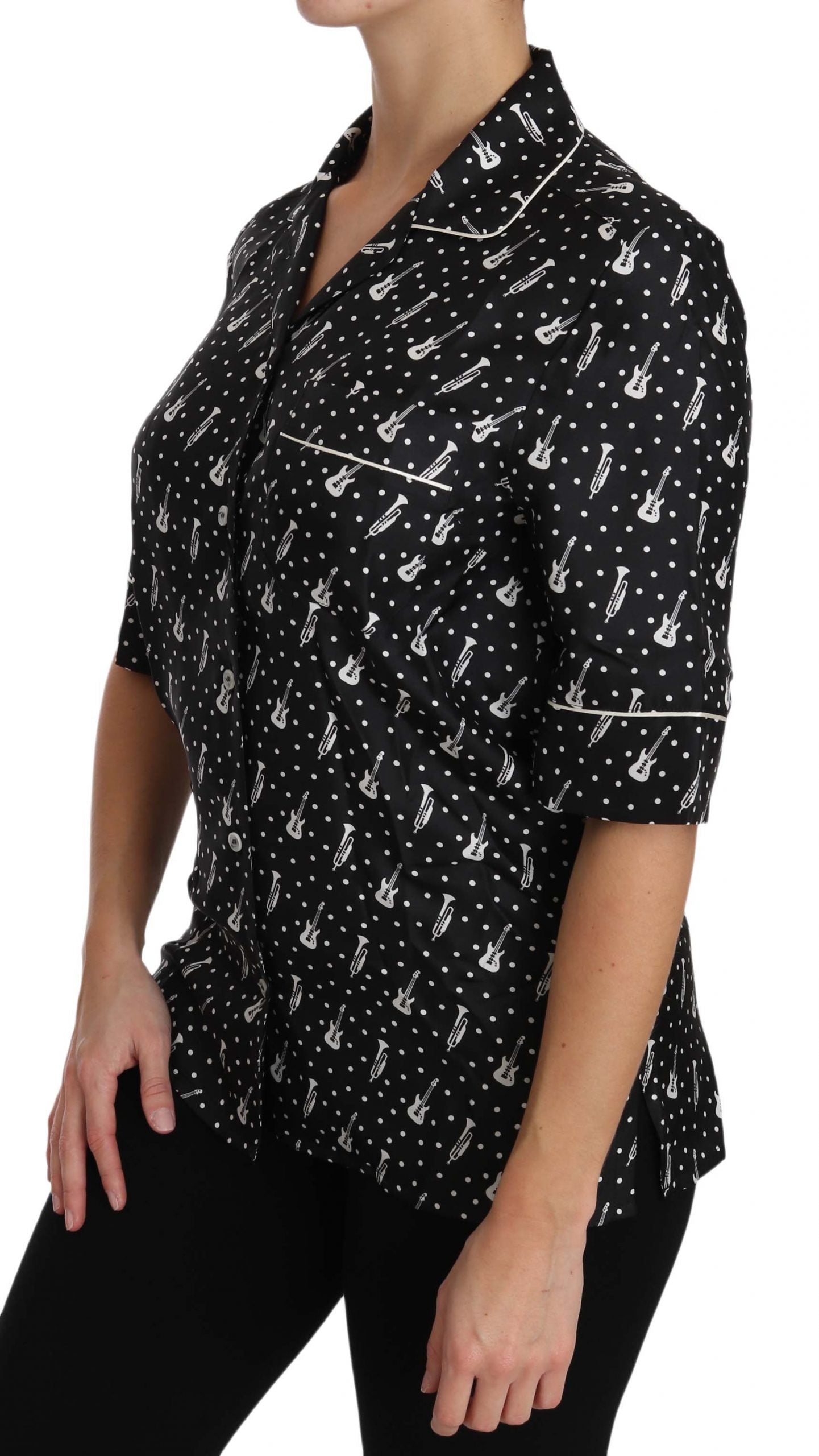 Silk Guitar Trumpet Print Polo Top - ventzia