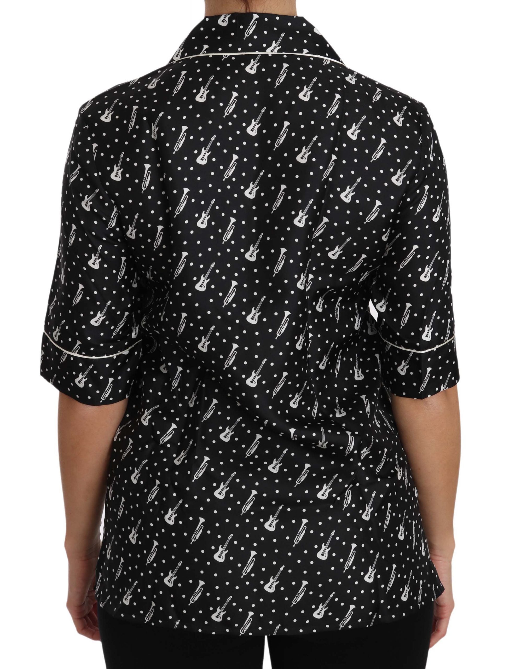 Silk Guitar Trumpet Print Polo Top - ventzia