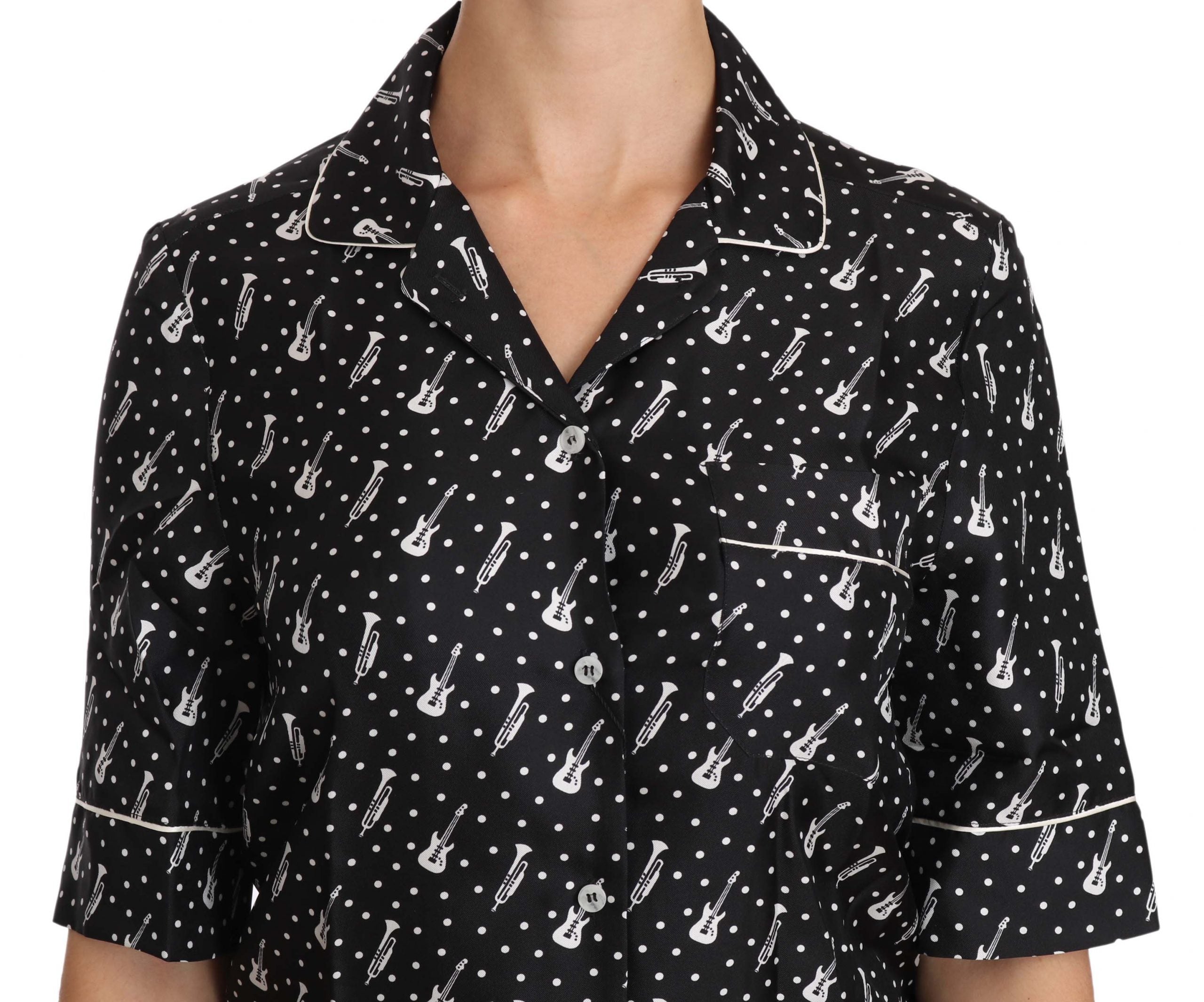 Silk Guitar Trumpet Print Polo Top - ventzia
