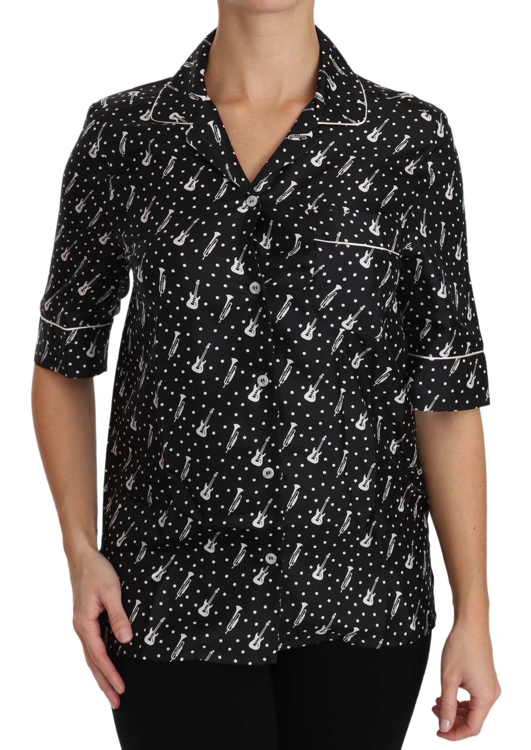 Silk Guitar Trumpet Print Polo Top - ventzia