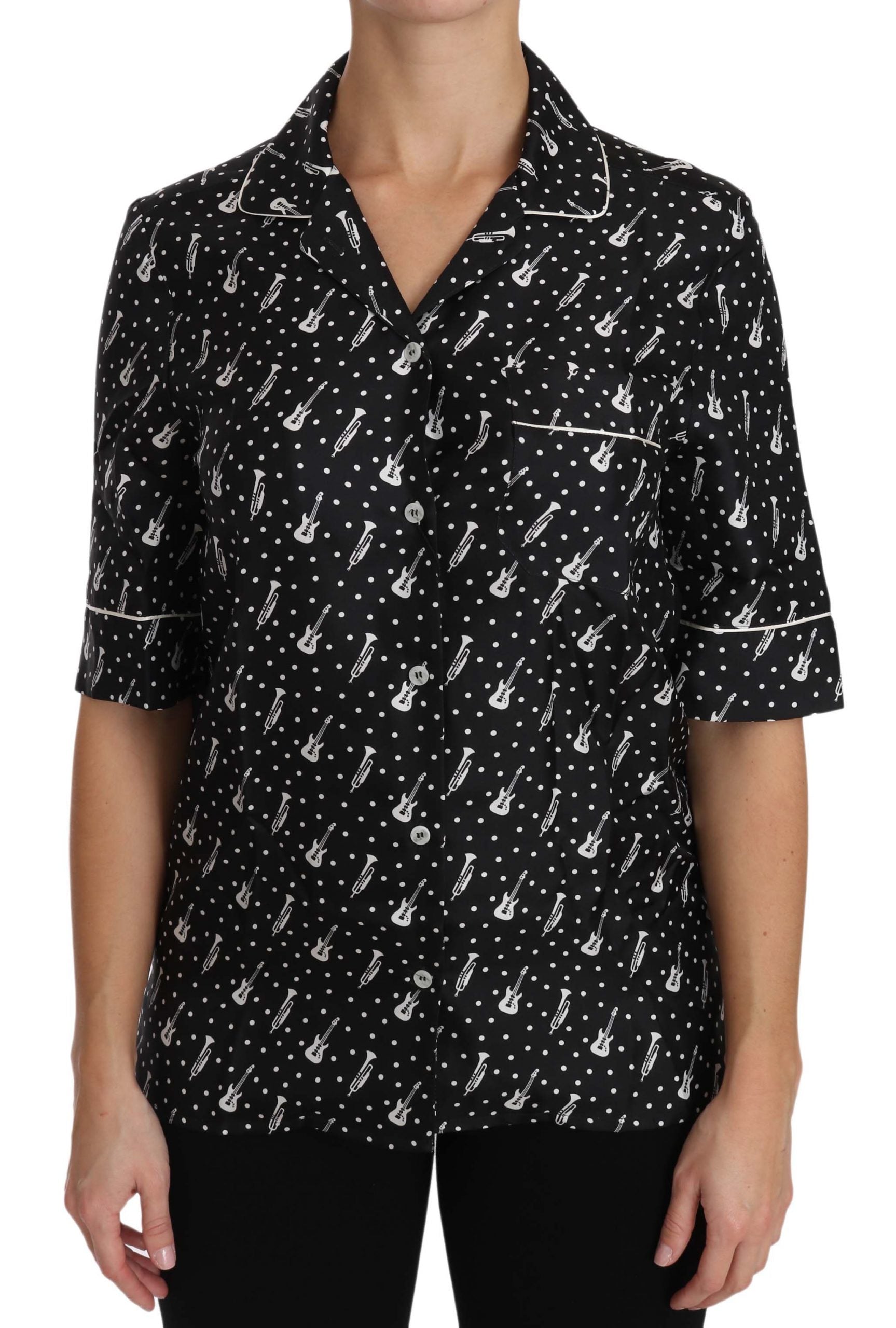 Silk Guitar Trumpet Print Polo Top - ventzia