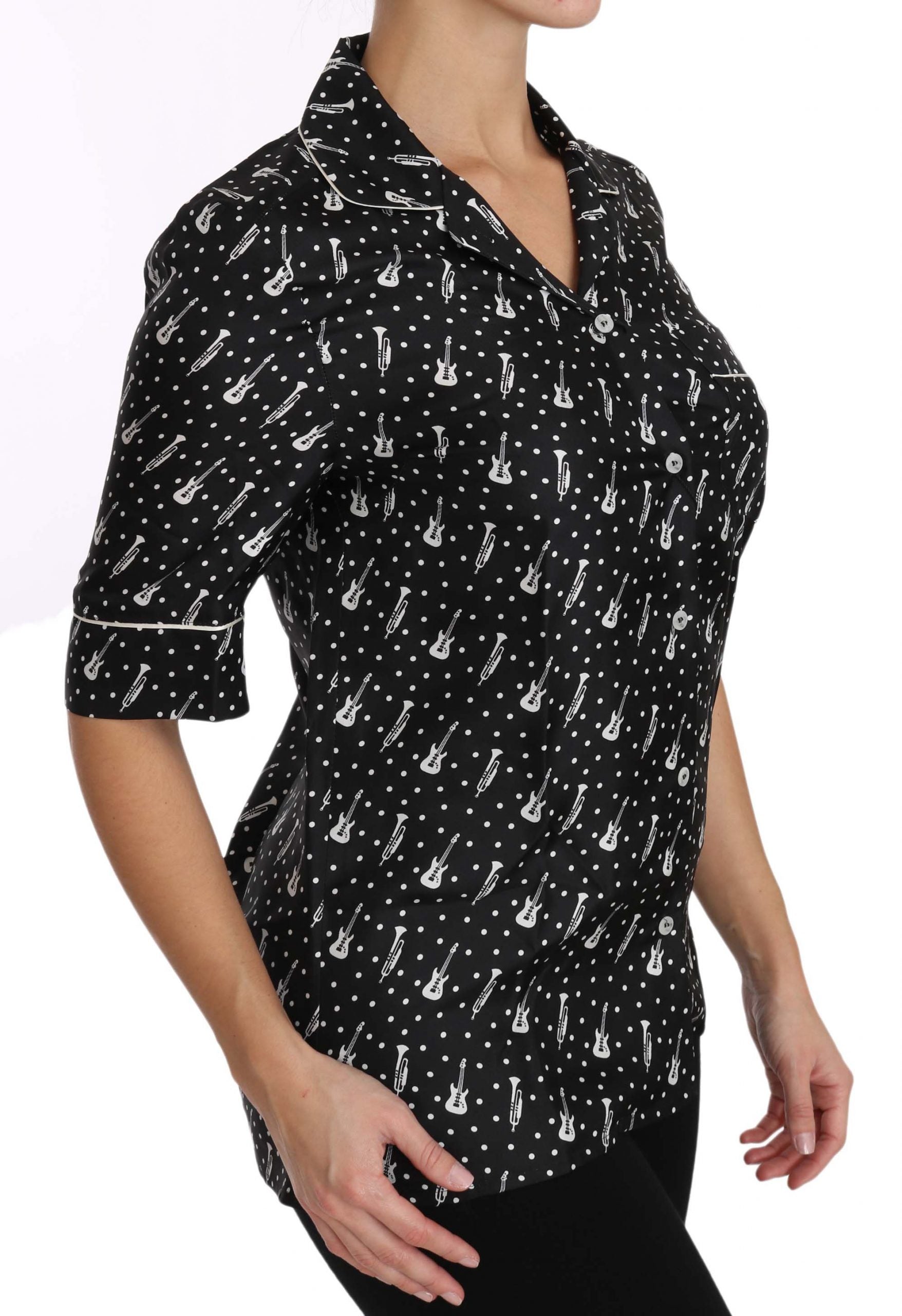 Silk Guitar Trumpet Print Polo Top - ventzia