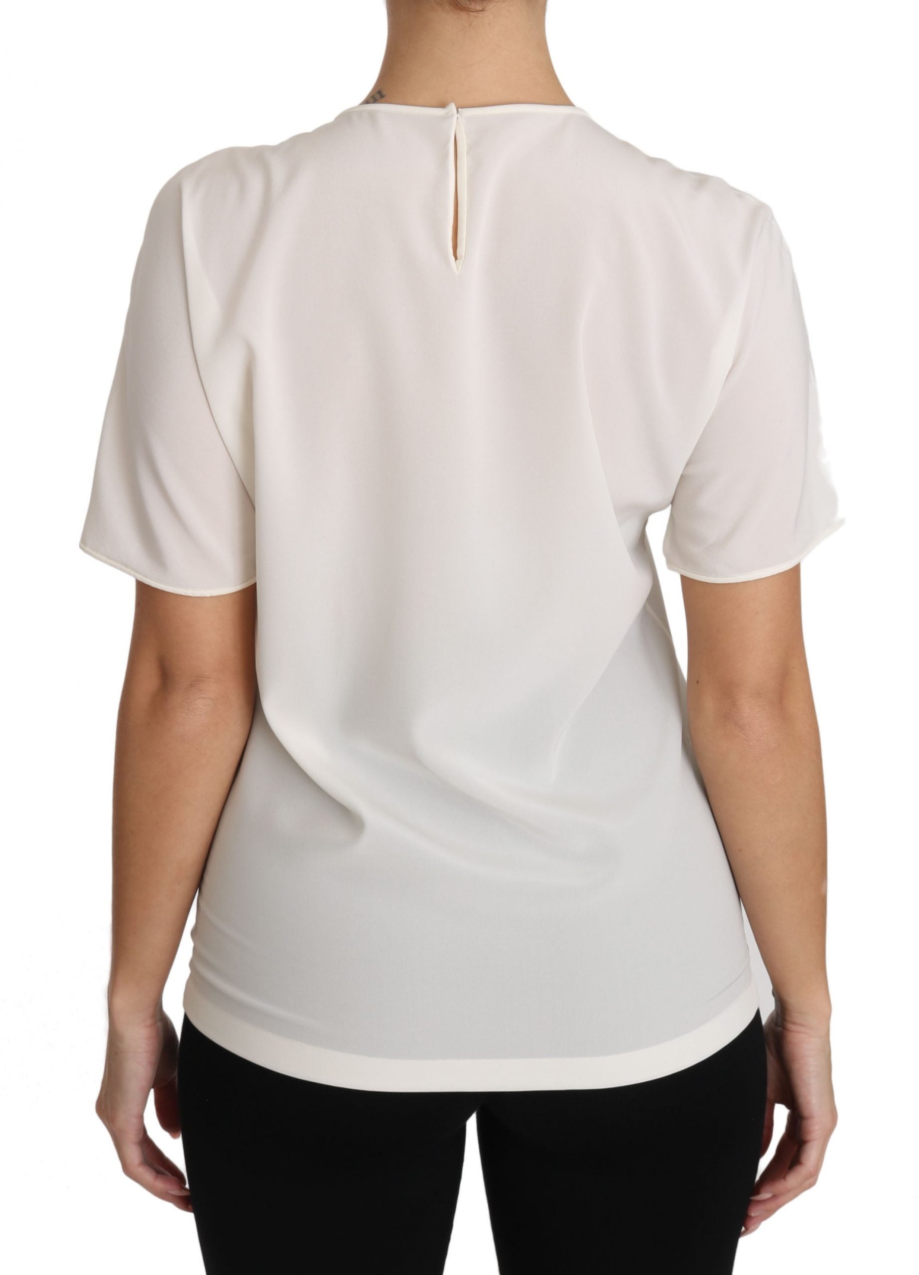 Elegant Silk Crewneck Blouse with Applique - ventzia