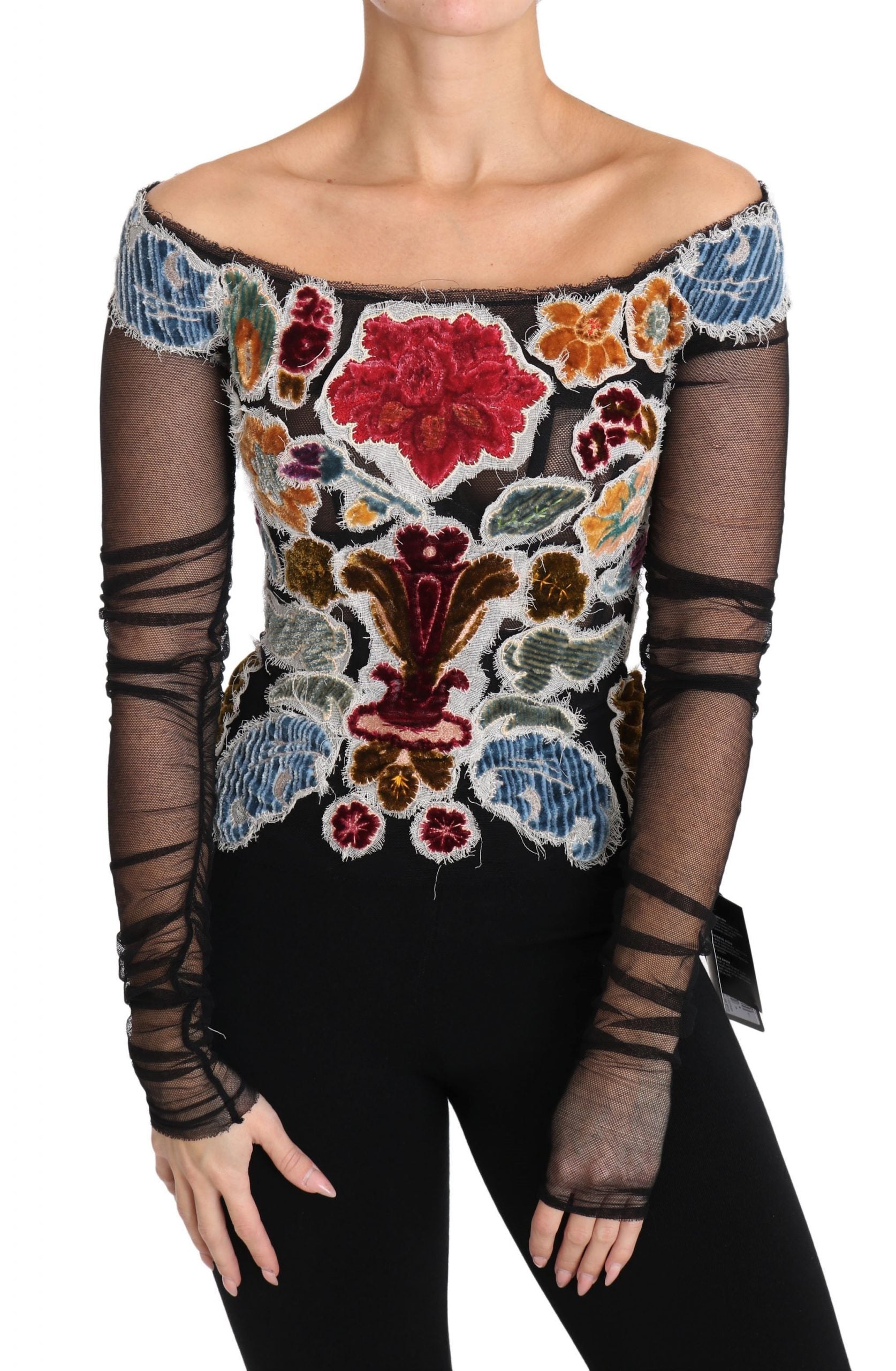 Elegant Floral Applique Long Sleeve Top - ventzia