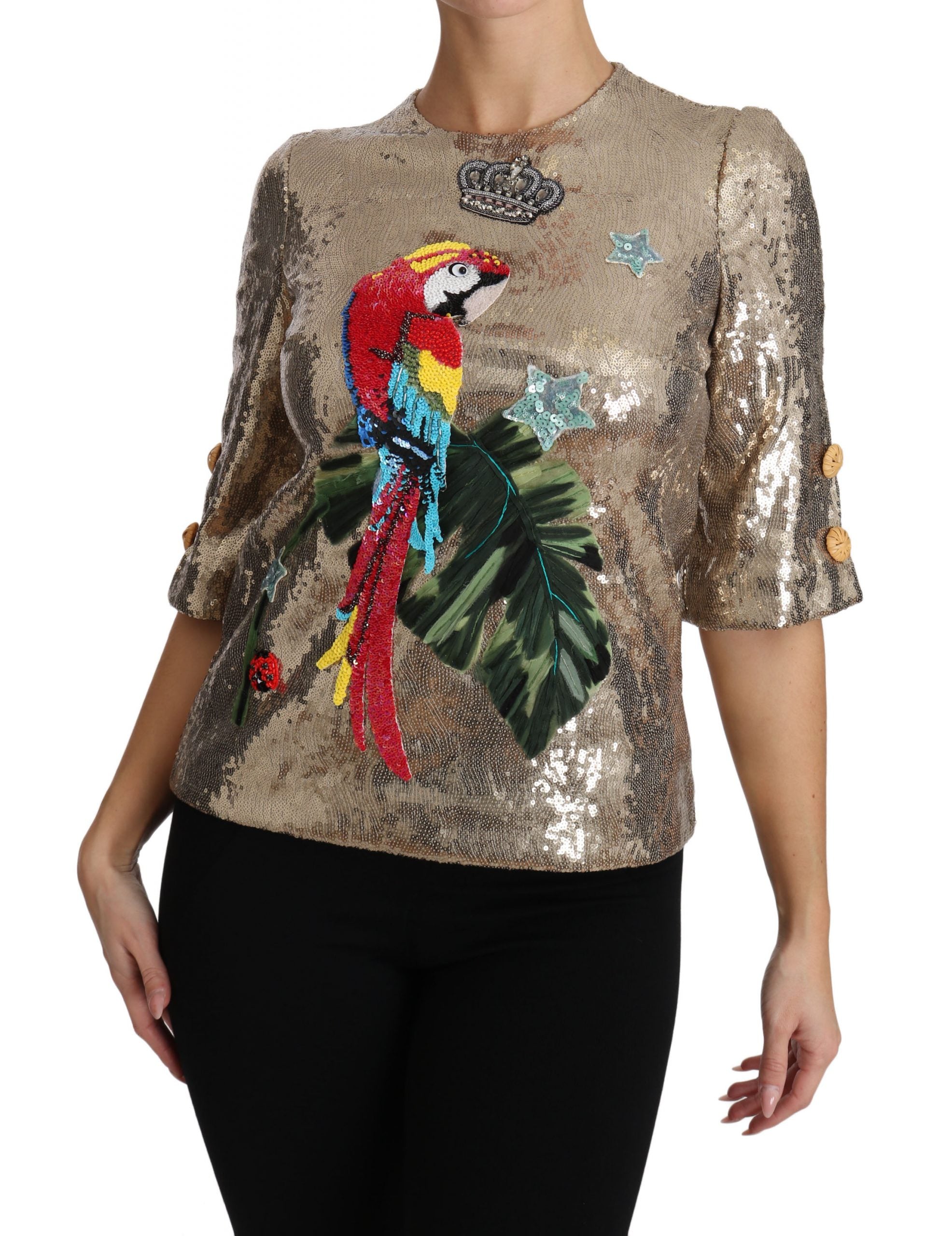 Gold Parrot Motif Crewneck Blouse with Crystals - ventzia