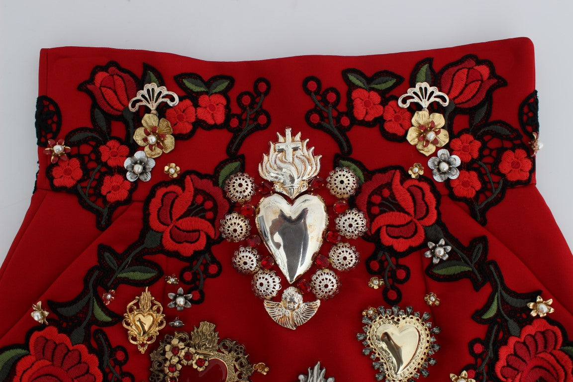 Red Silk Crystal-Embellished Mini Shorts - ventzia