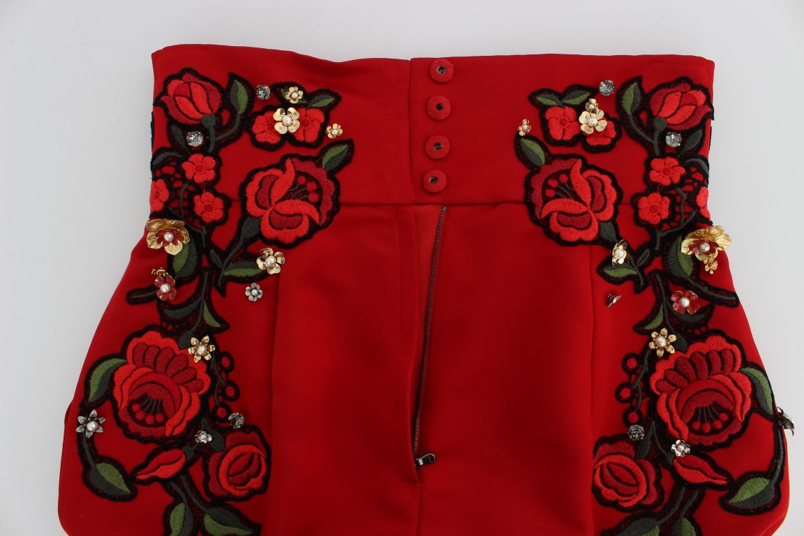 Red Silk Crystal-Embellished Mini Shorts - ventzia