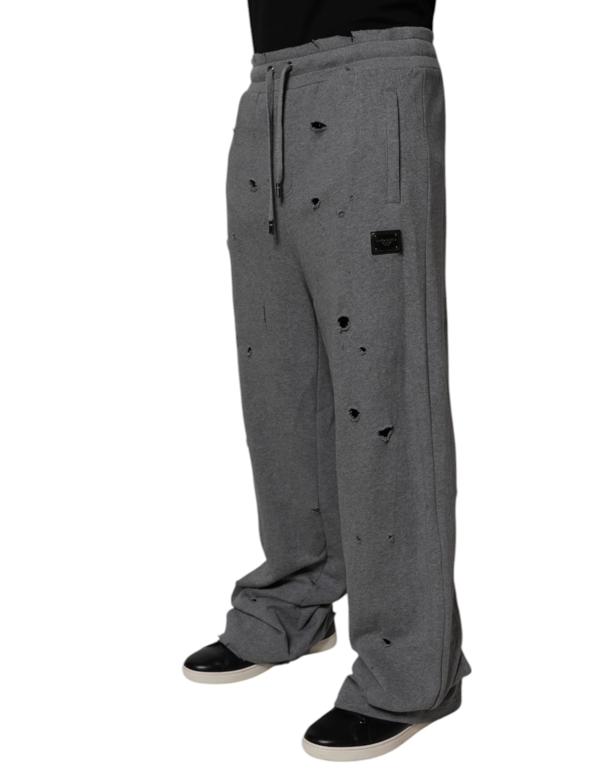 Gray Cotton RipStyle Straight Sweatpants Pants - ventzia