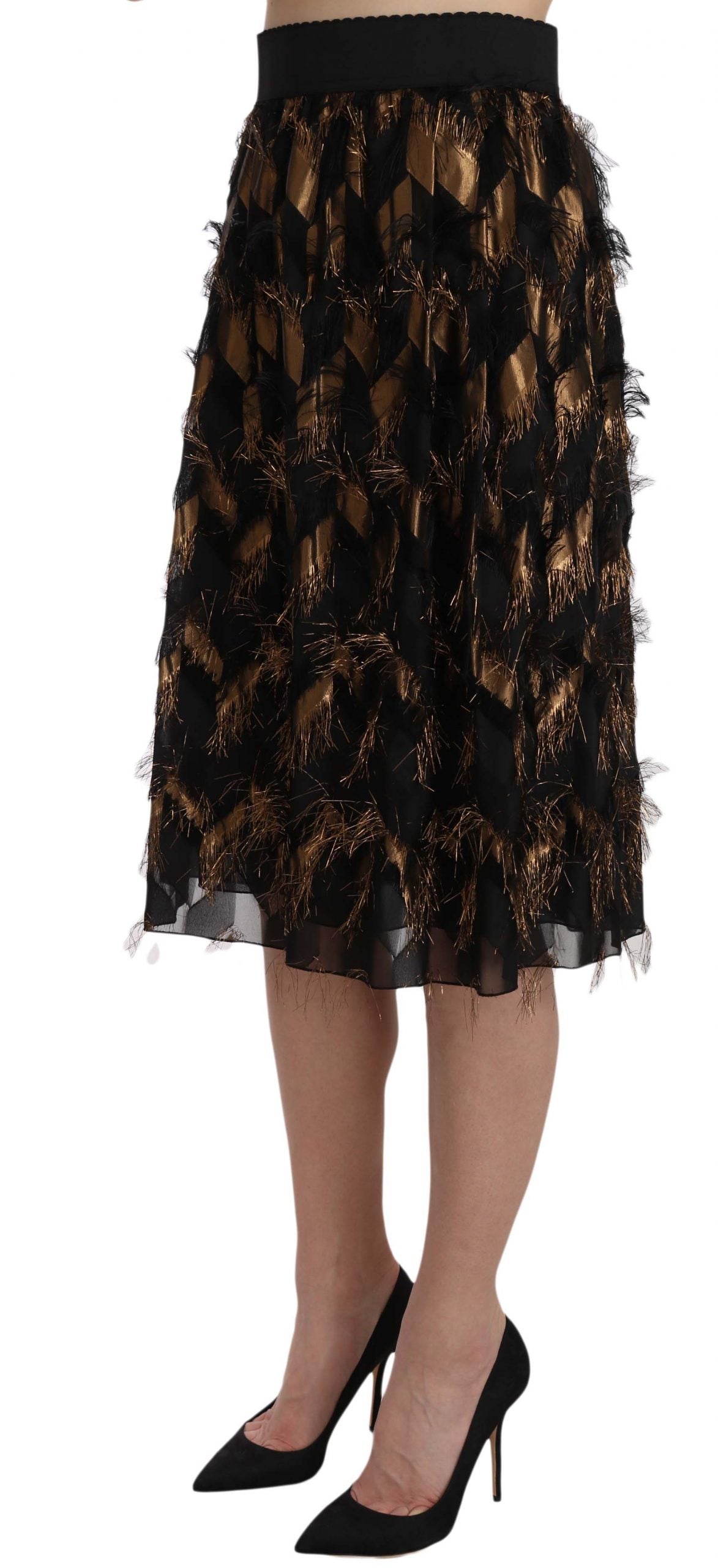 Elegant Gold Black Silk Blend High Waist Skirt - ventzia