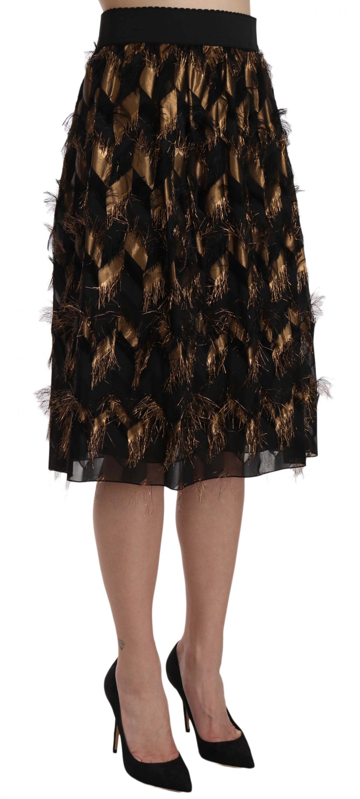 Elegant Gold Black Silk Blend High Waist Skirt - ventzia