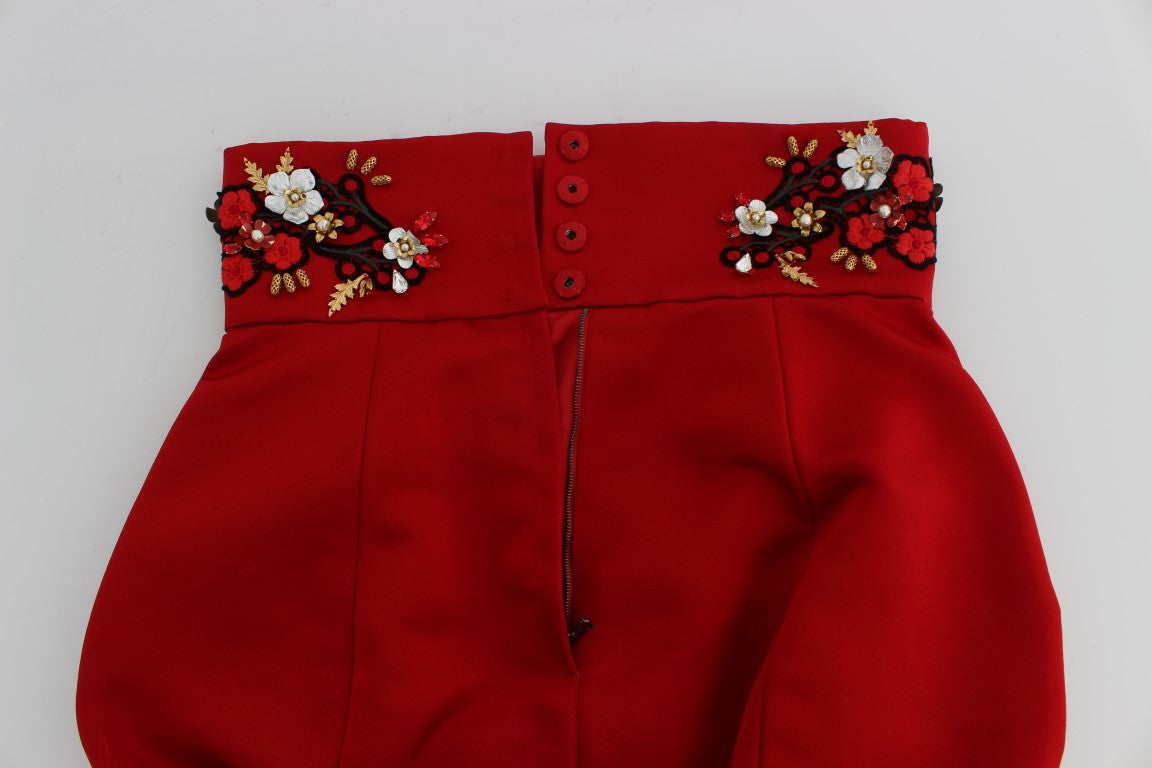 Red Silk Crystal-Embellished High Waist Shorts - ventzia