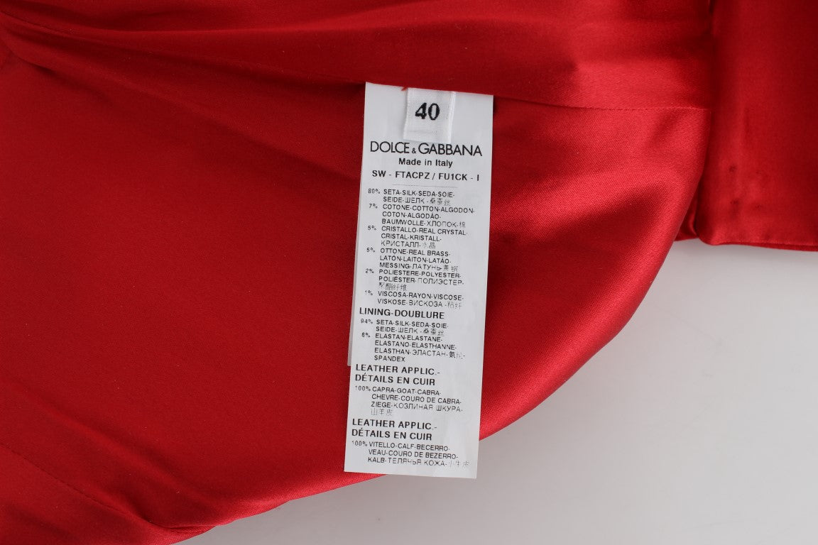 Red Silk Crystal-Embellished High Waist Shorts - ventzia