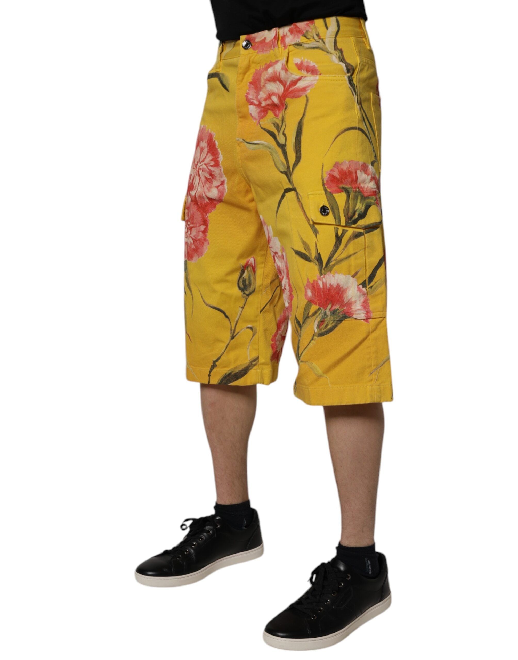 Yellow Floral Cargo Denim Men Bermuda Shorts - ventzia