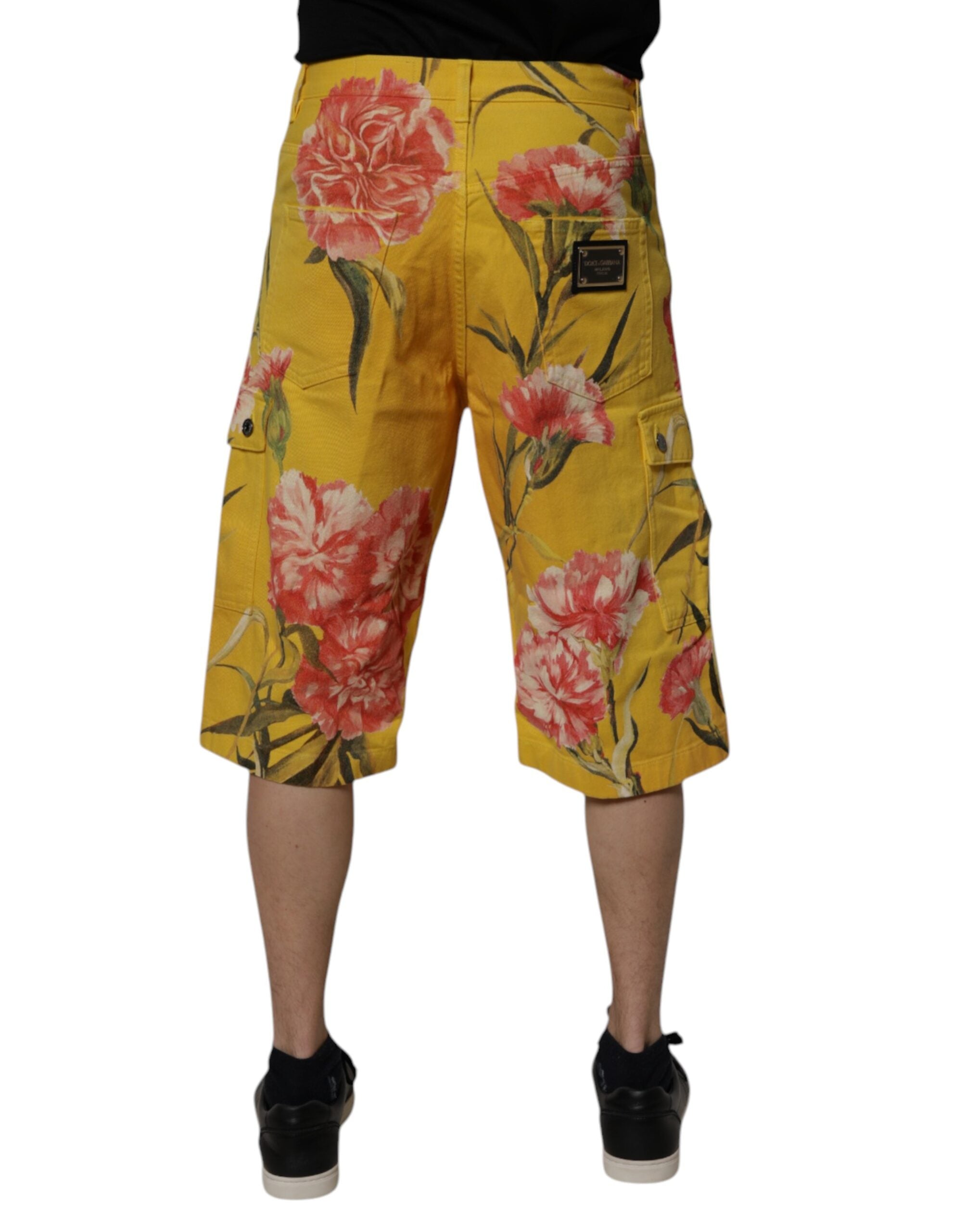Yellow Floral Cargo Denim Men Bermuda Shorts - ventzia
