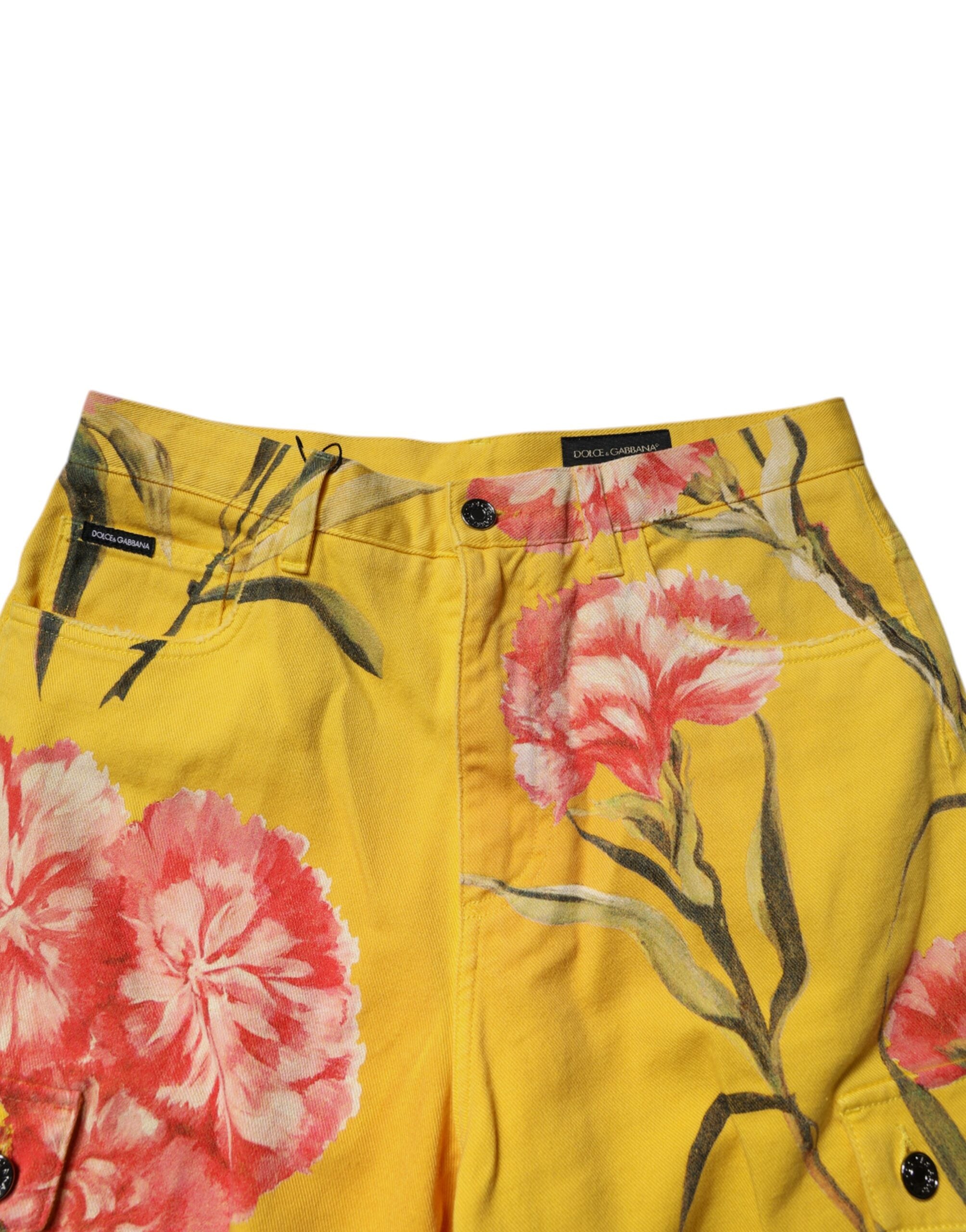 Yellow Floral Cargo Denim Men Bermuda Shorts - ventzia