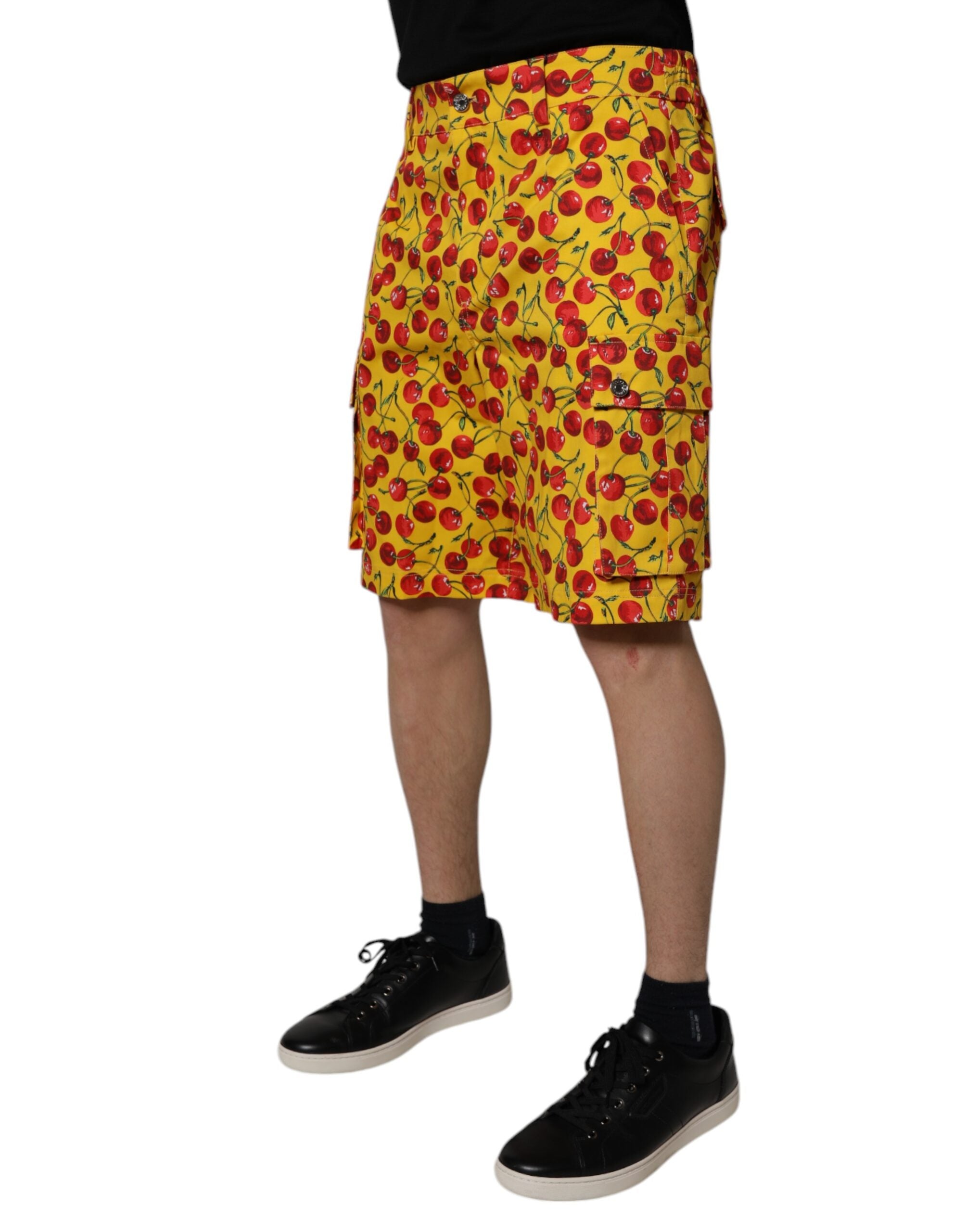Yellow Cherry Print Cotton Men Bermuda Shorts - ventzia