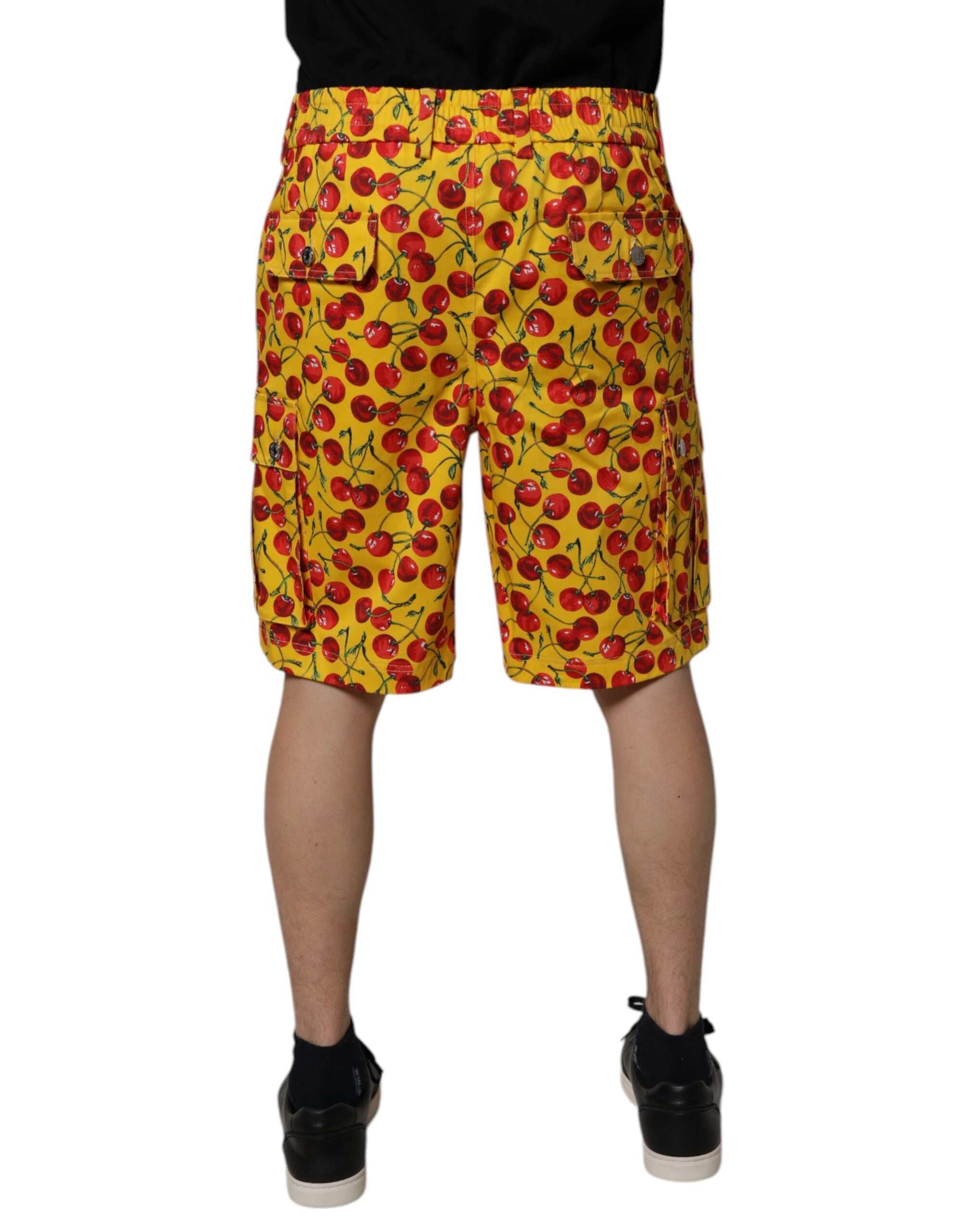 Yellow Cherry Print Cotton Men Bermuda Shorts - ventzia