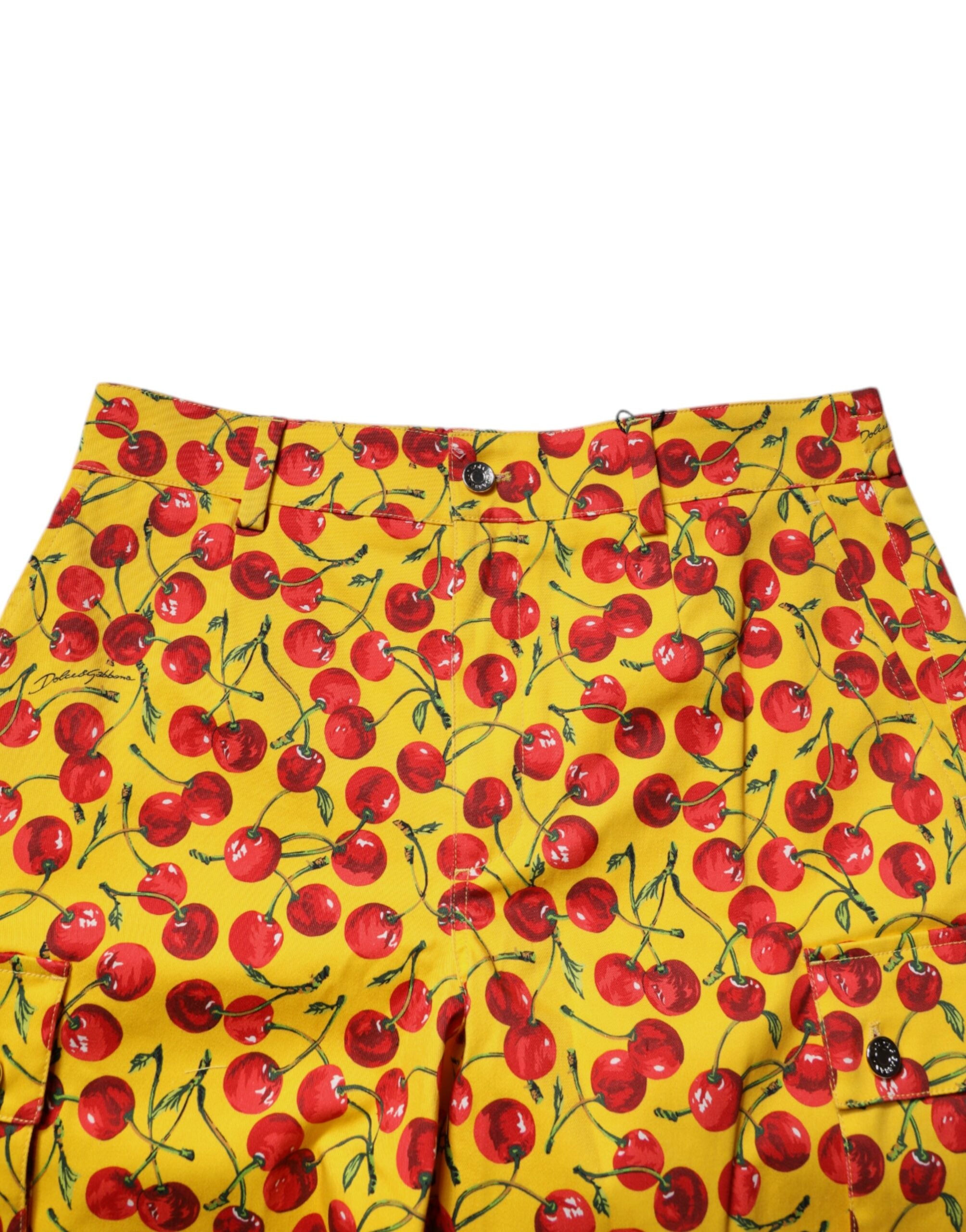Yellow Cherry Print Cotton Men Bermuda Shorts - ventzia