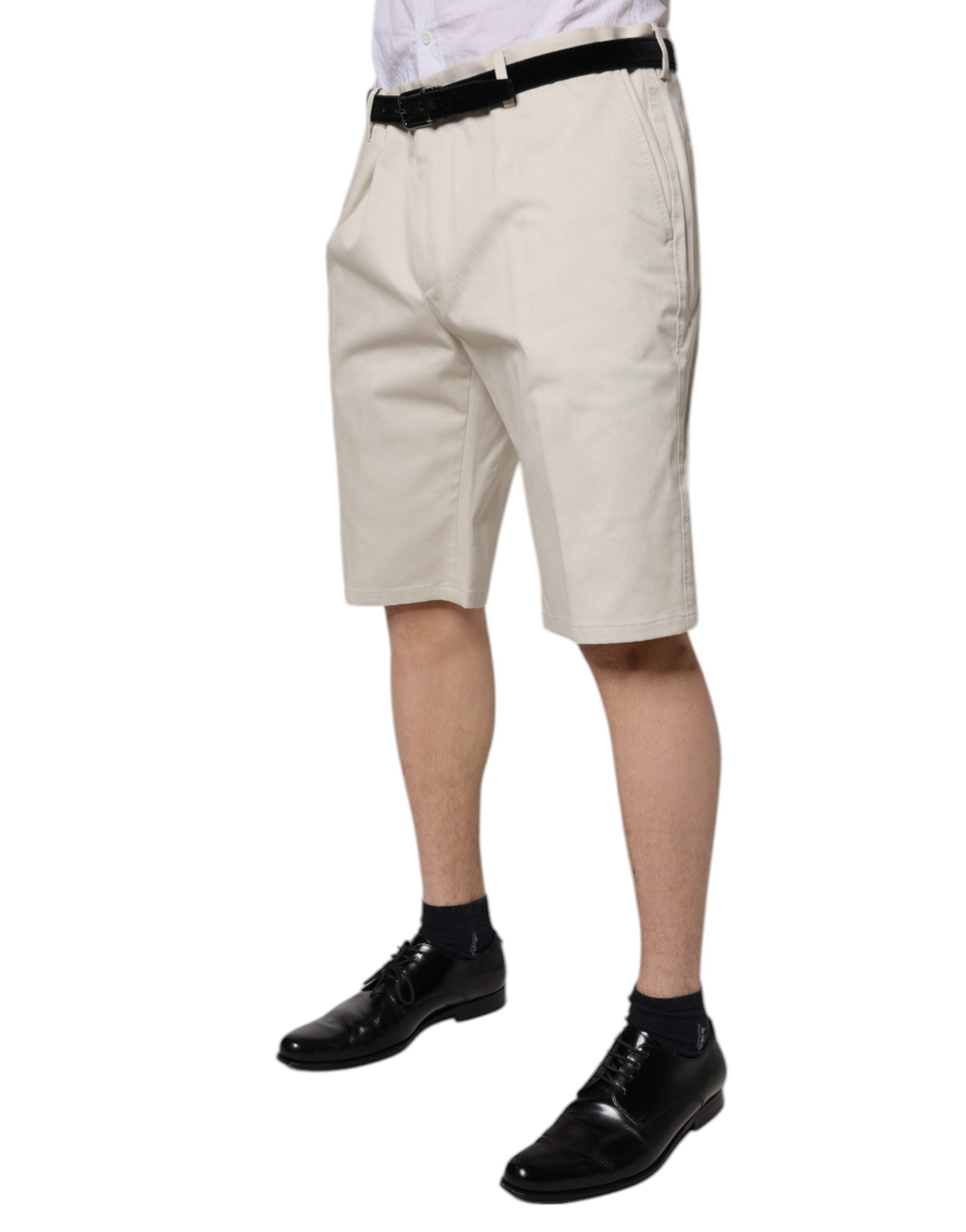 Beige Cotton Stretch Mid Waist Bermuda Shorts - ventzia