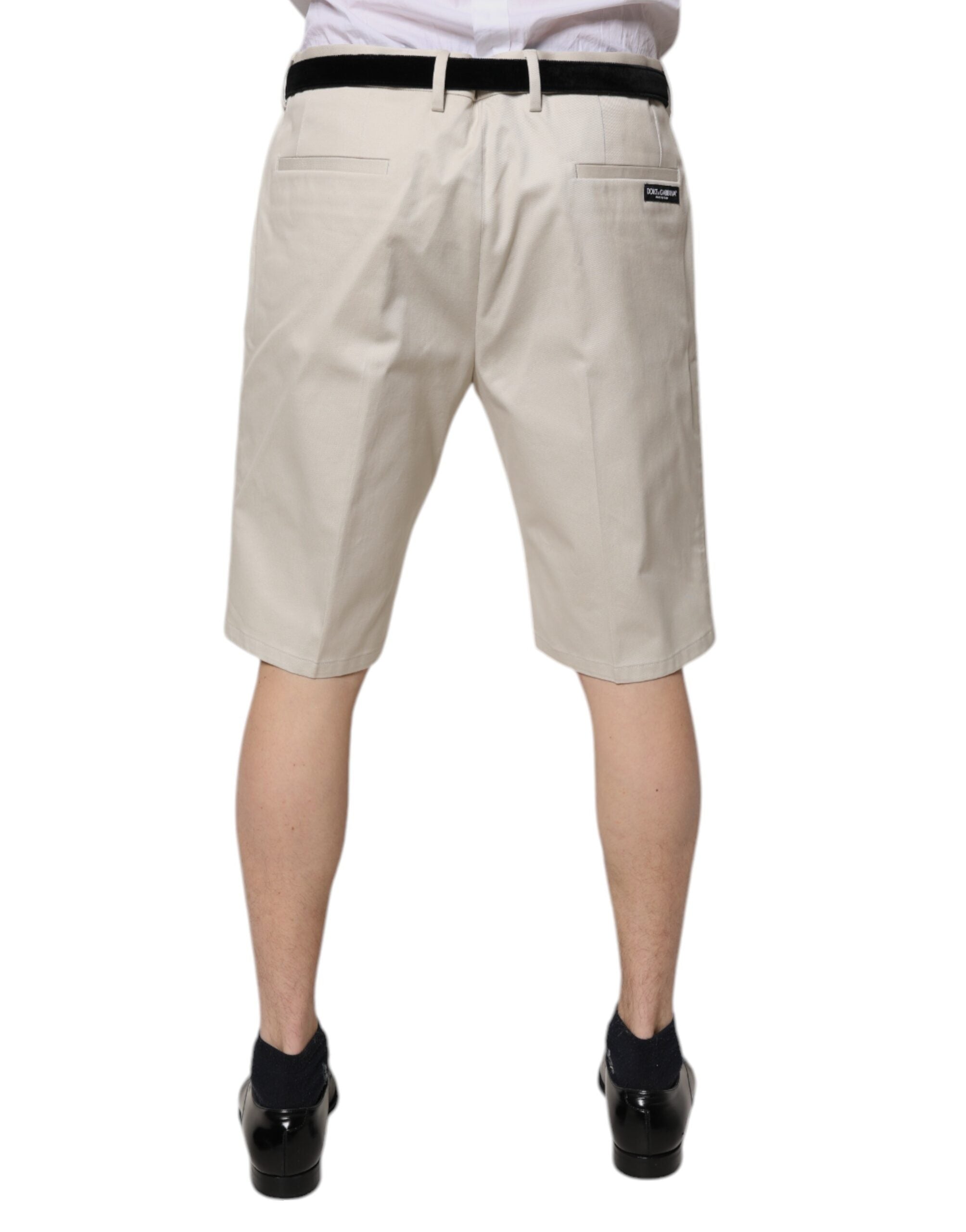 Beige Cotton Stretch Mid Waist Bermuda Shorts - ventzia