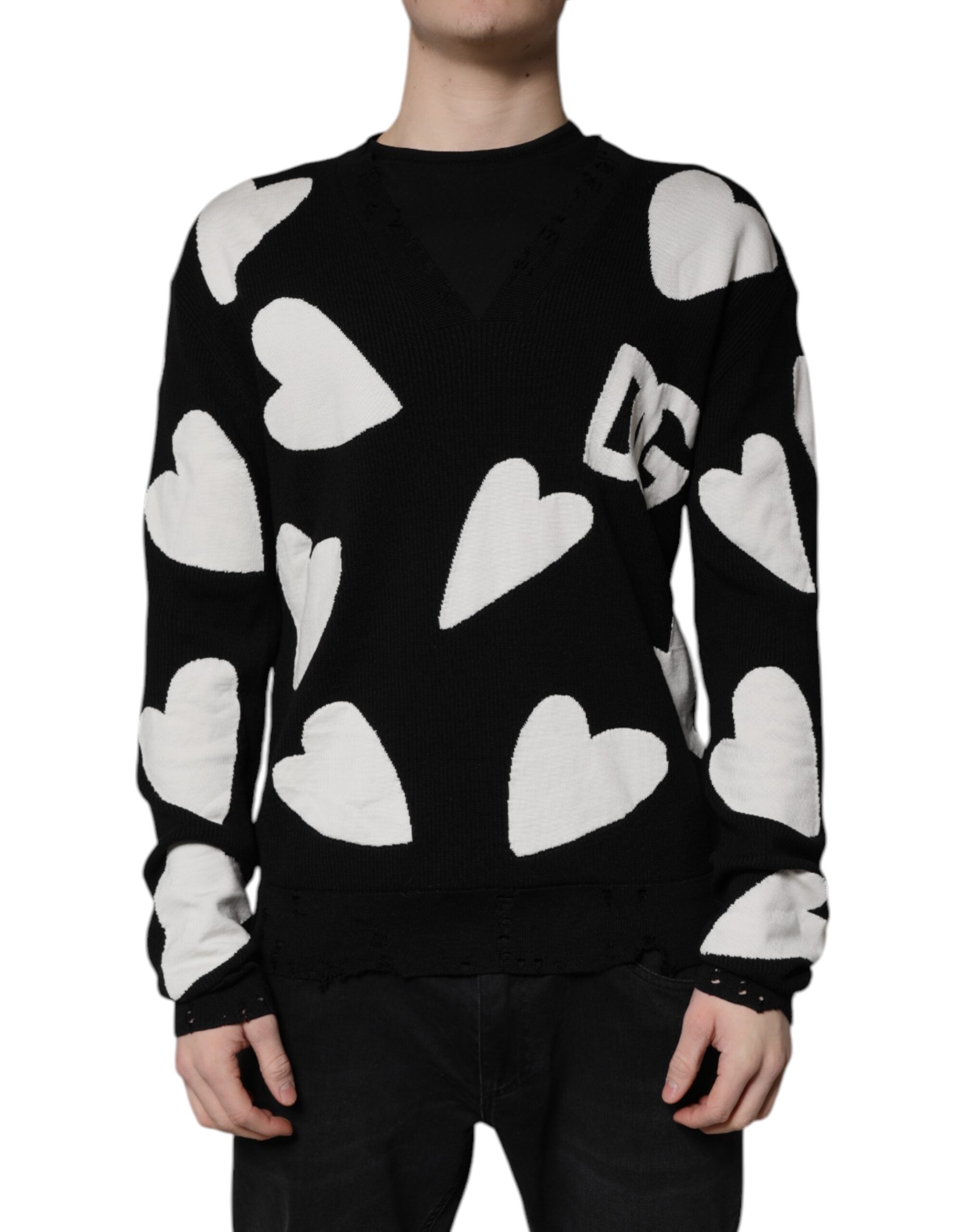 Black Hearts Silk Crew Neck Pullover Sweater - ventzia