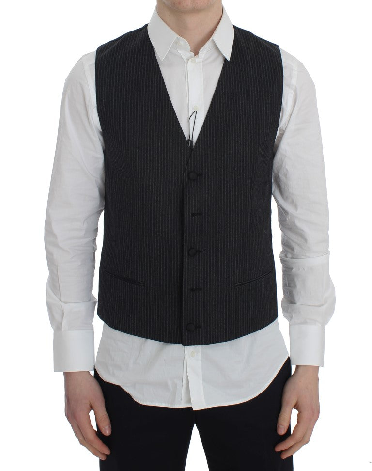 Elegant Gray Striped Wool Vest - ventzia