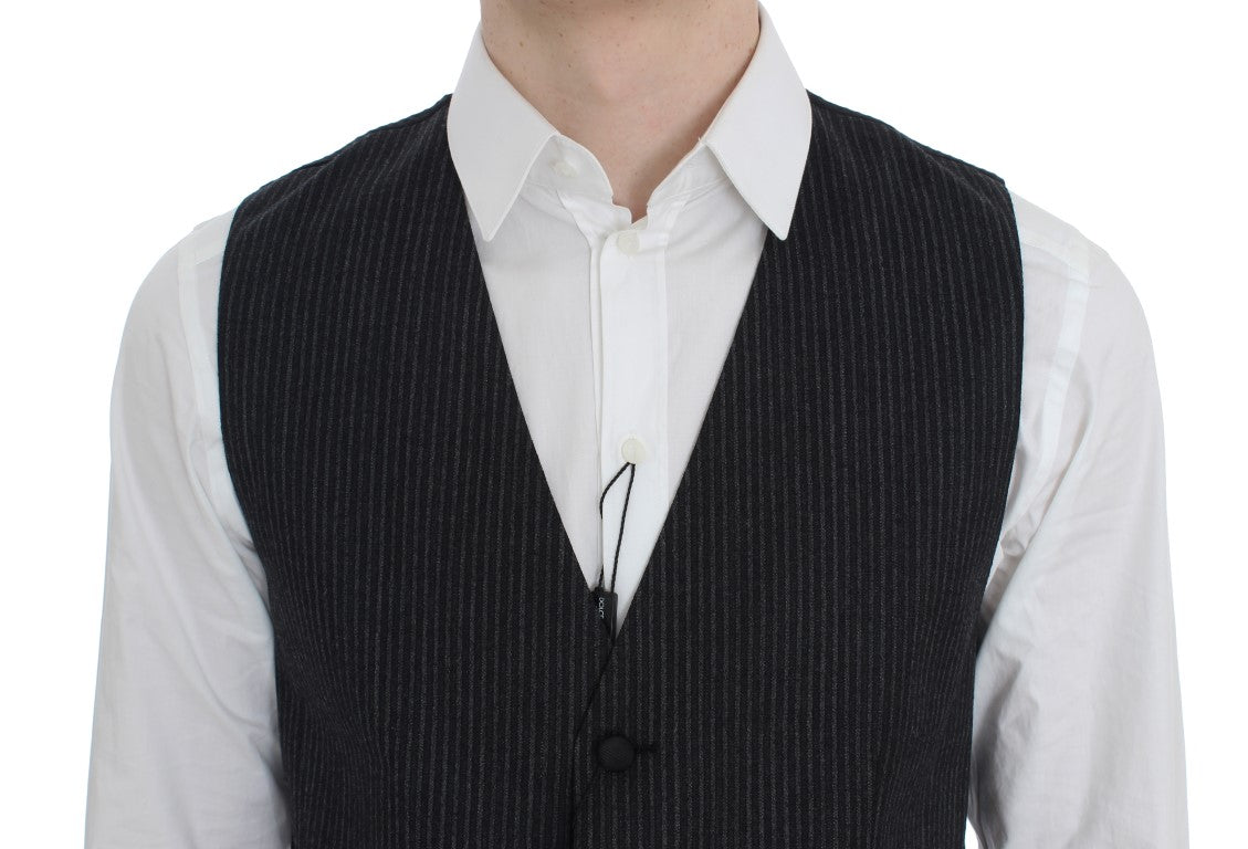 Elegant Gray Striped Wool Vest - ventzia