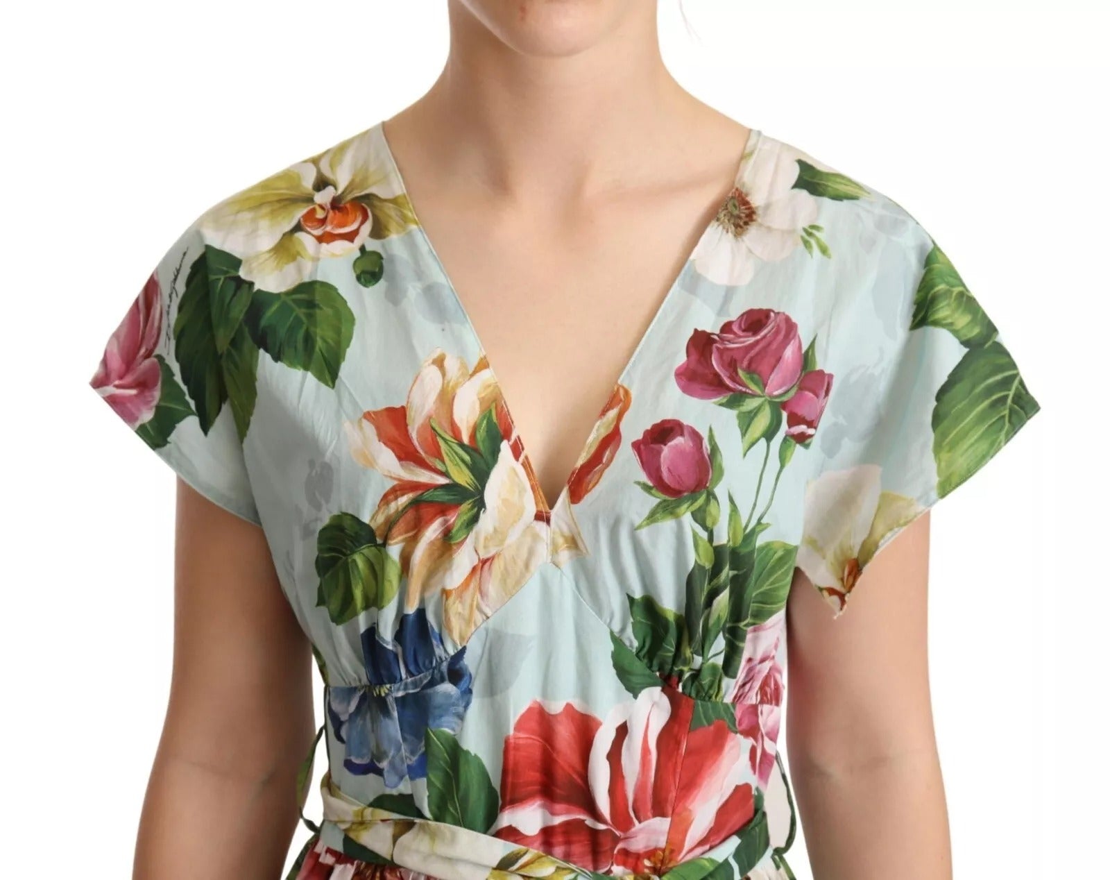 Green Floral Short Sleeves Cotton V-neck Dress - ventzia