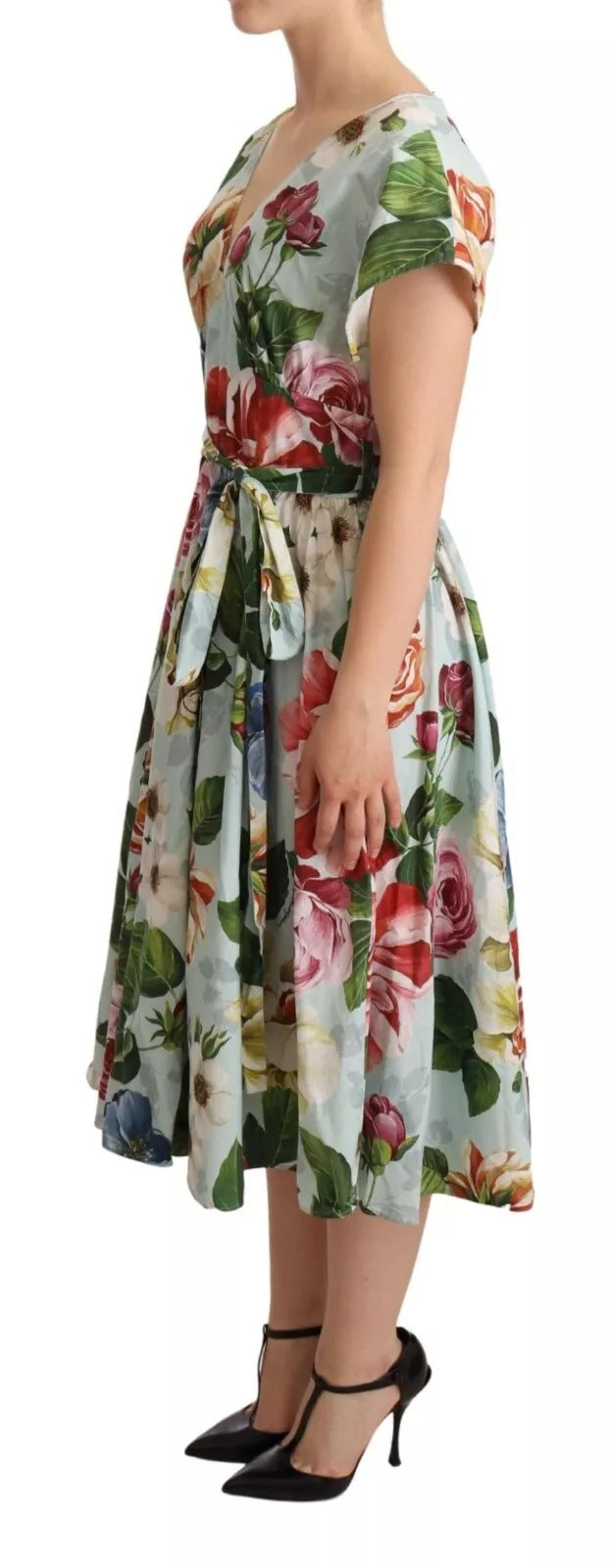 Green Floral Short Sleeves Cotton V-neck Dress - ventzia