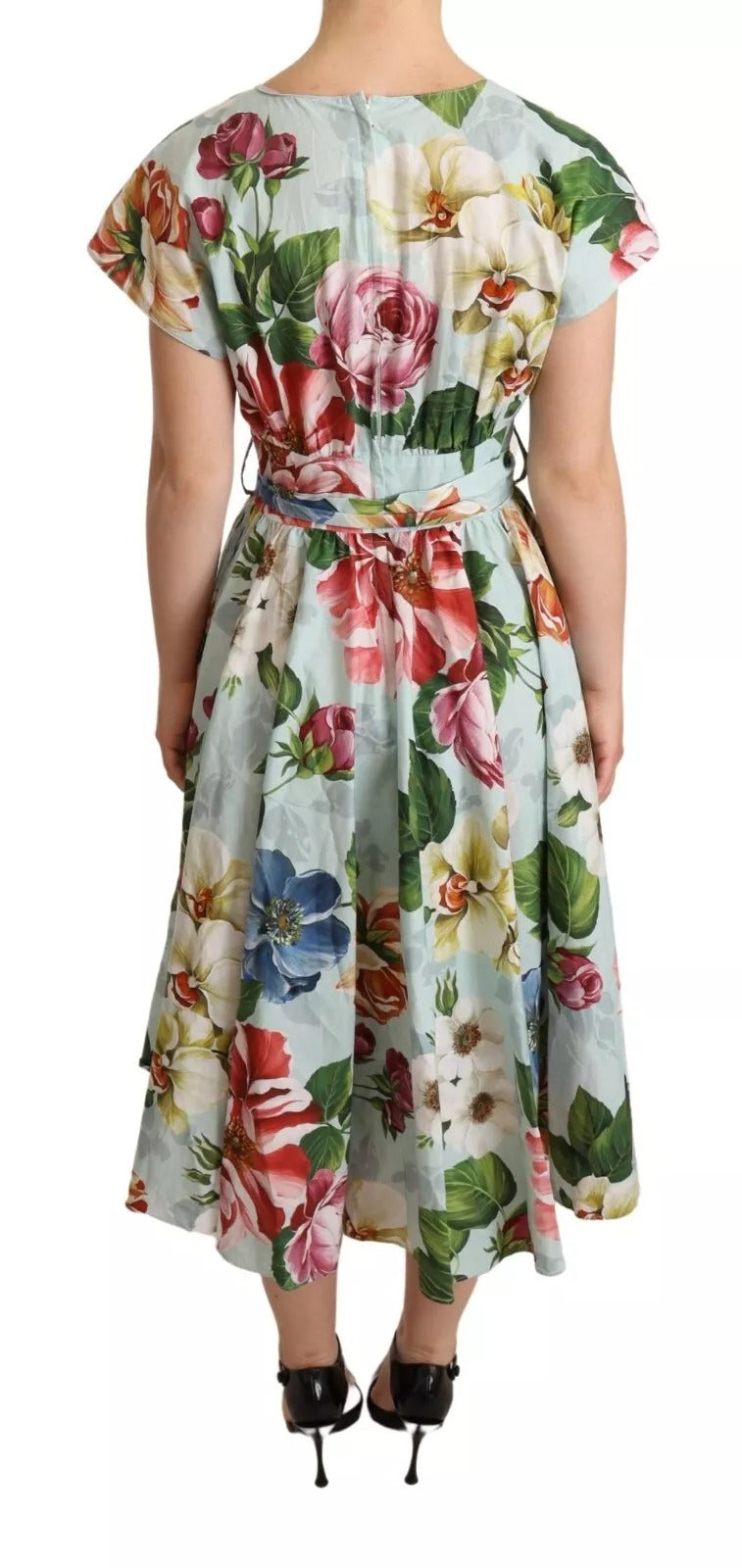 Green Floral Short Sleeves Cotton V-neck Dress - ventzia