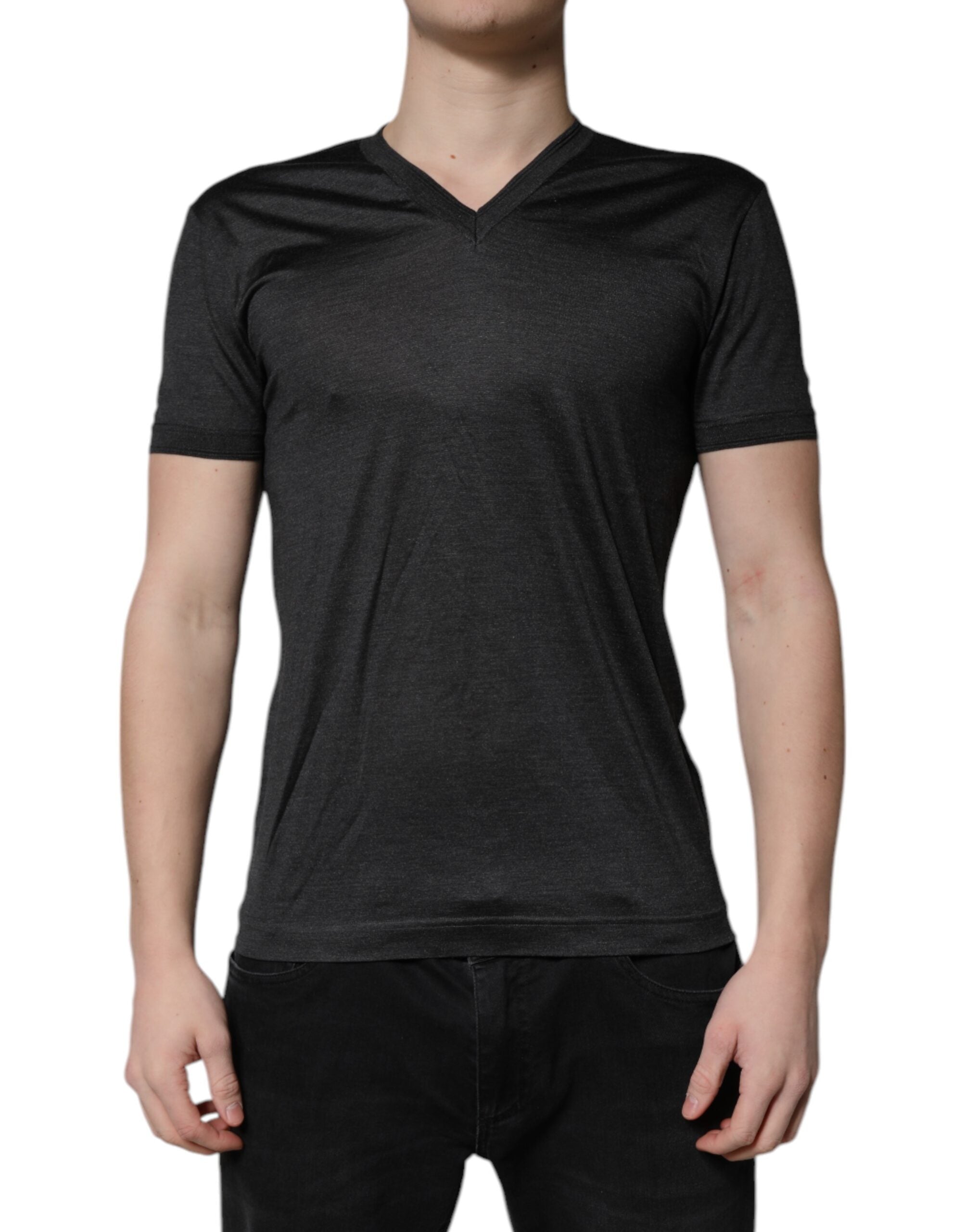Dark Gray Silk V-neck Short Sleeves T-shirt - ventzia