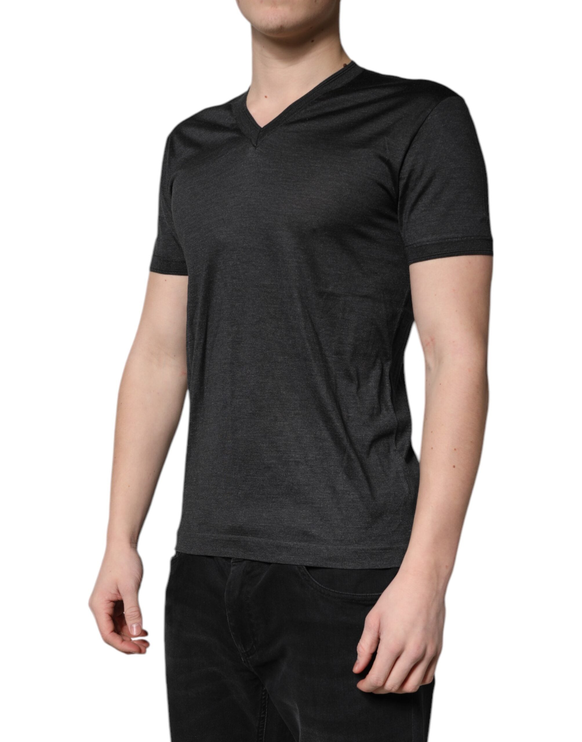Dark Gray Silk V-neck Short Sleeves T-shirt - ventzia