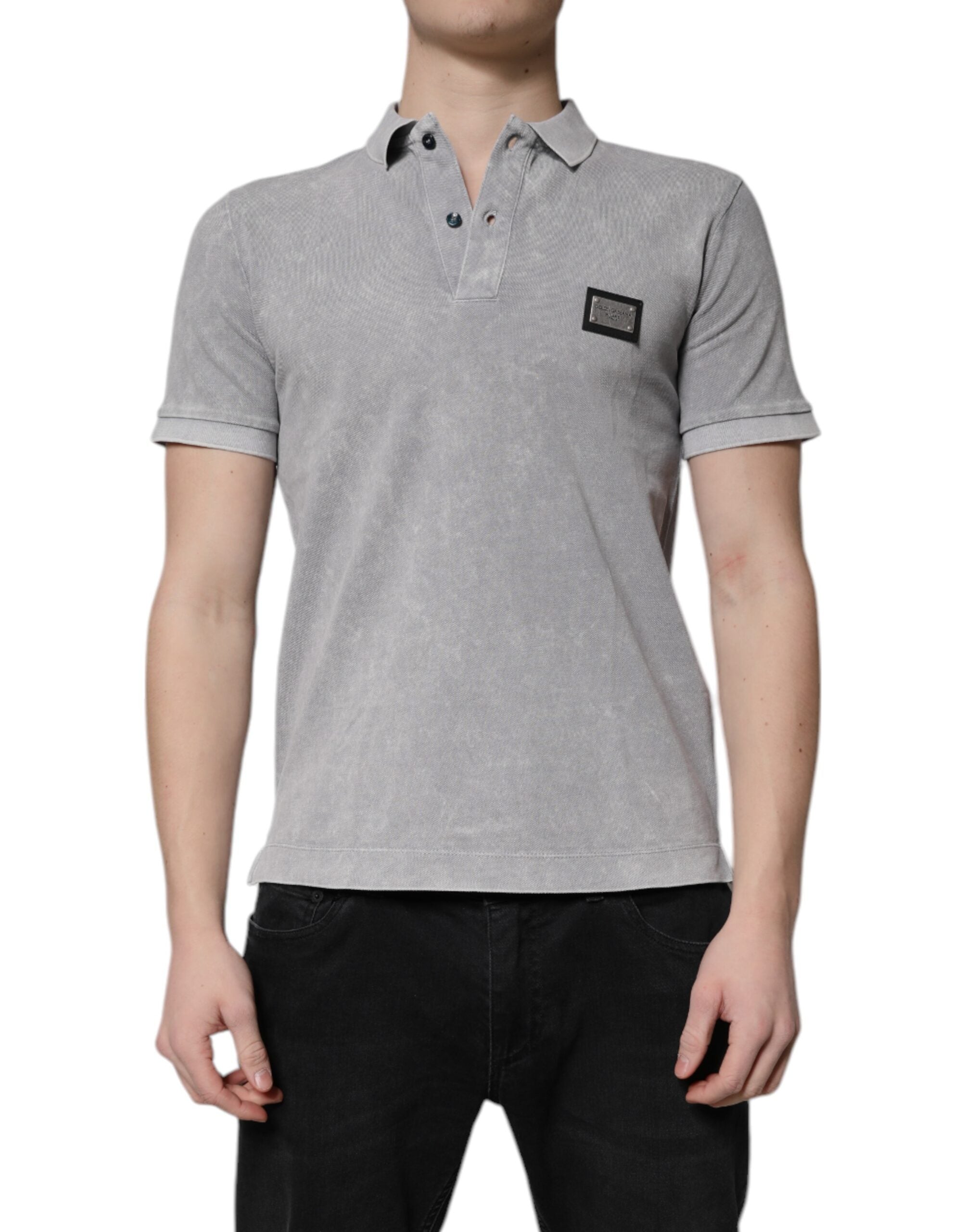 Gray Logo Plaque Cotton Men Polo Shirt T-shirt - ventzia