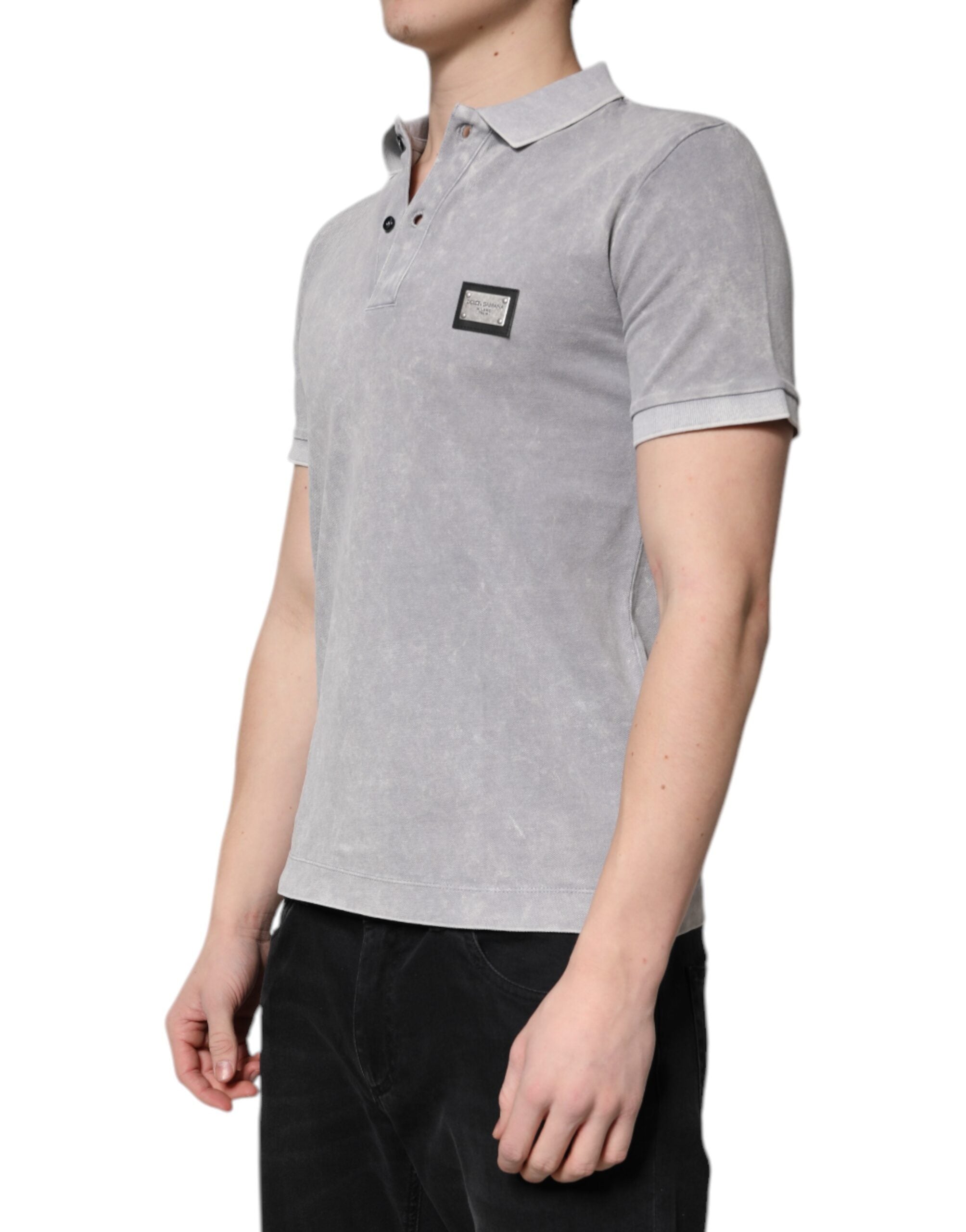 Gray Logo Plaque Cotton Men Polo Shirt T-shirt - ventzia