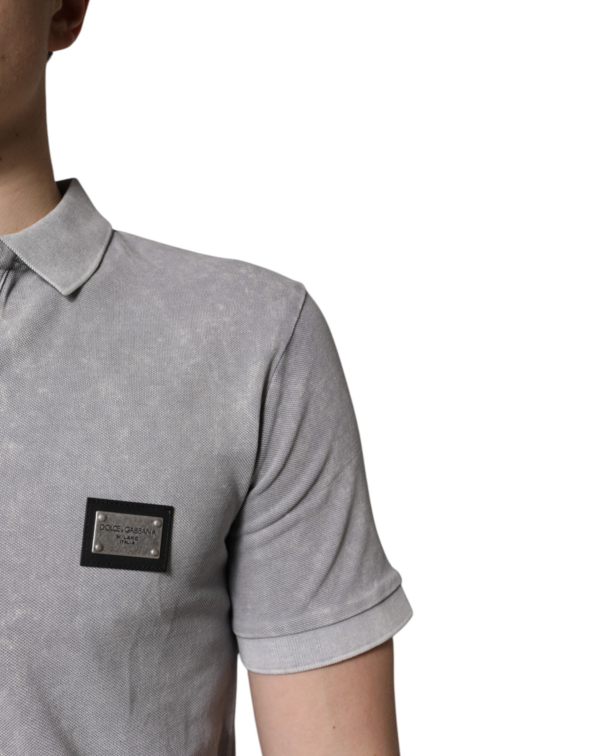 Gray Logo Plaque Cotton Men Polo Shirt T-shirt - ventzia