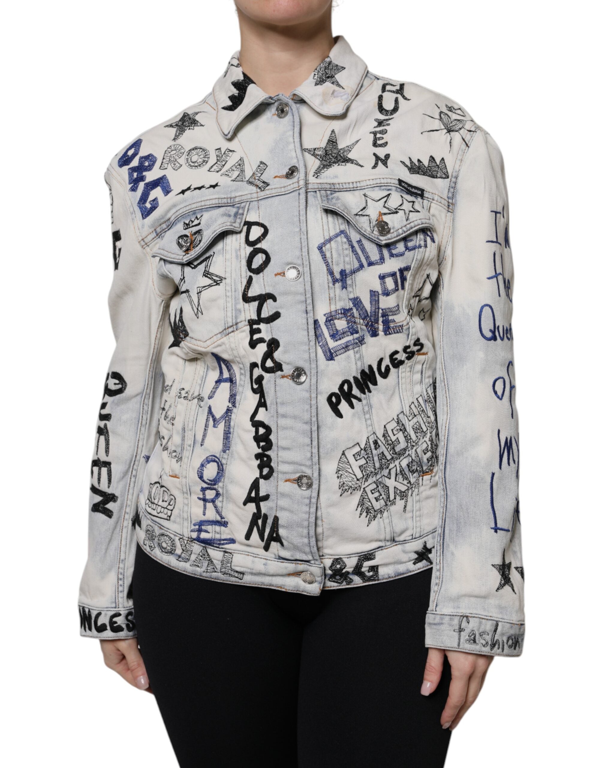 Light Blue Graffiti Button Down Denim Jacket - ventzia