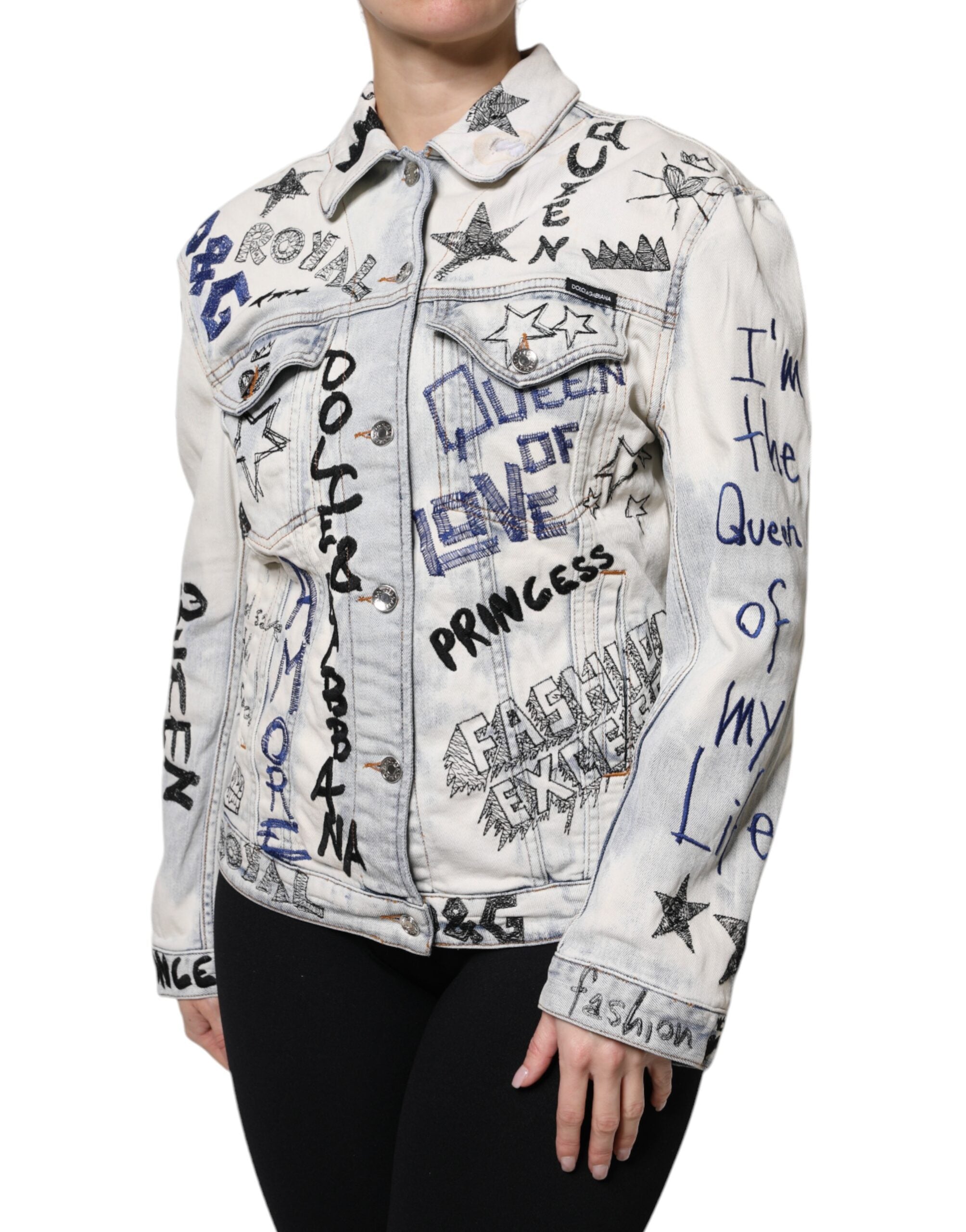 Light Blue Graffiti Button Down Denim Jacket - ventzia