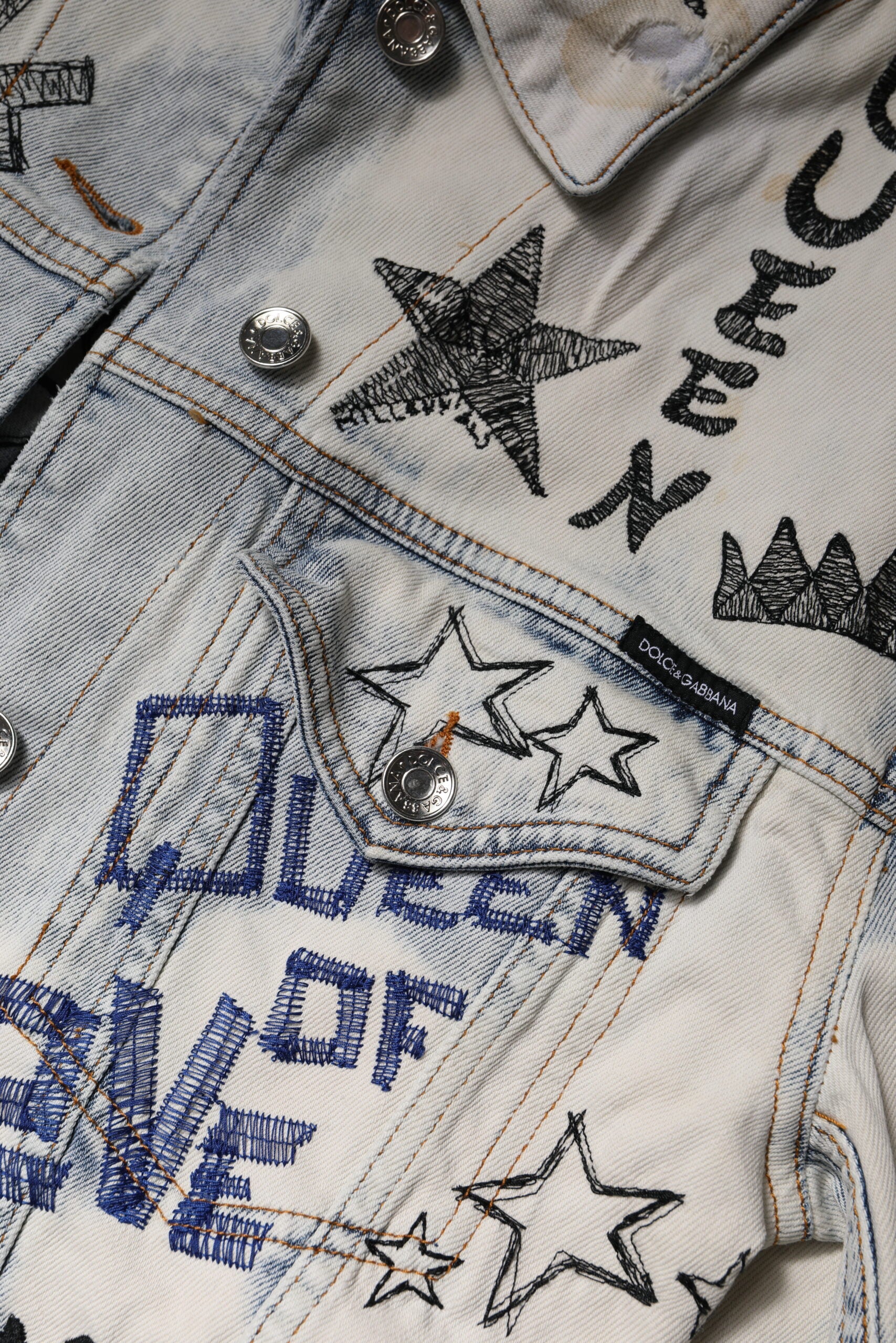 Light Blue Graffiti Button Down Denim Jacket - ventzia