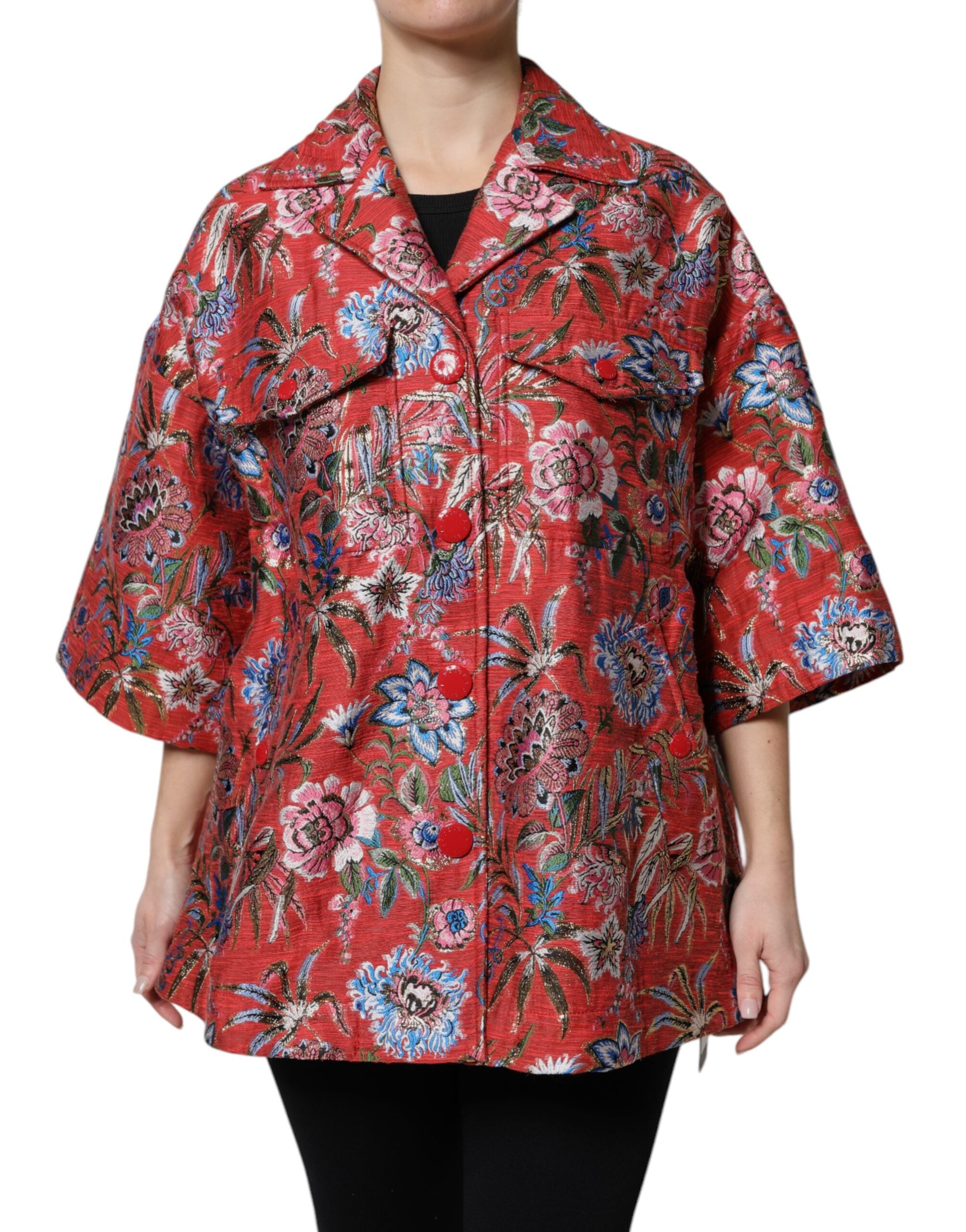 Red Floral Jacquard Button Down Coat Jacket - ventzia