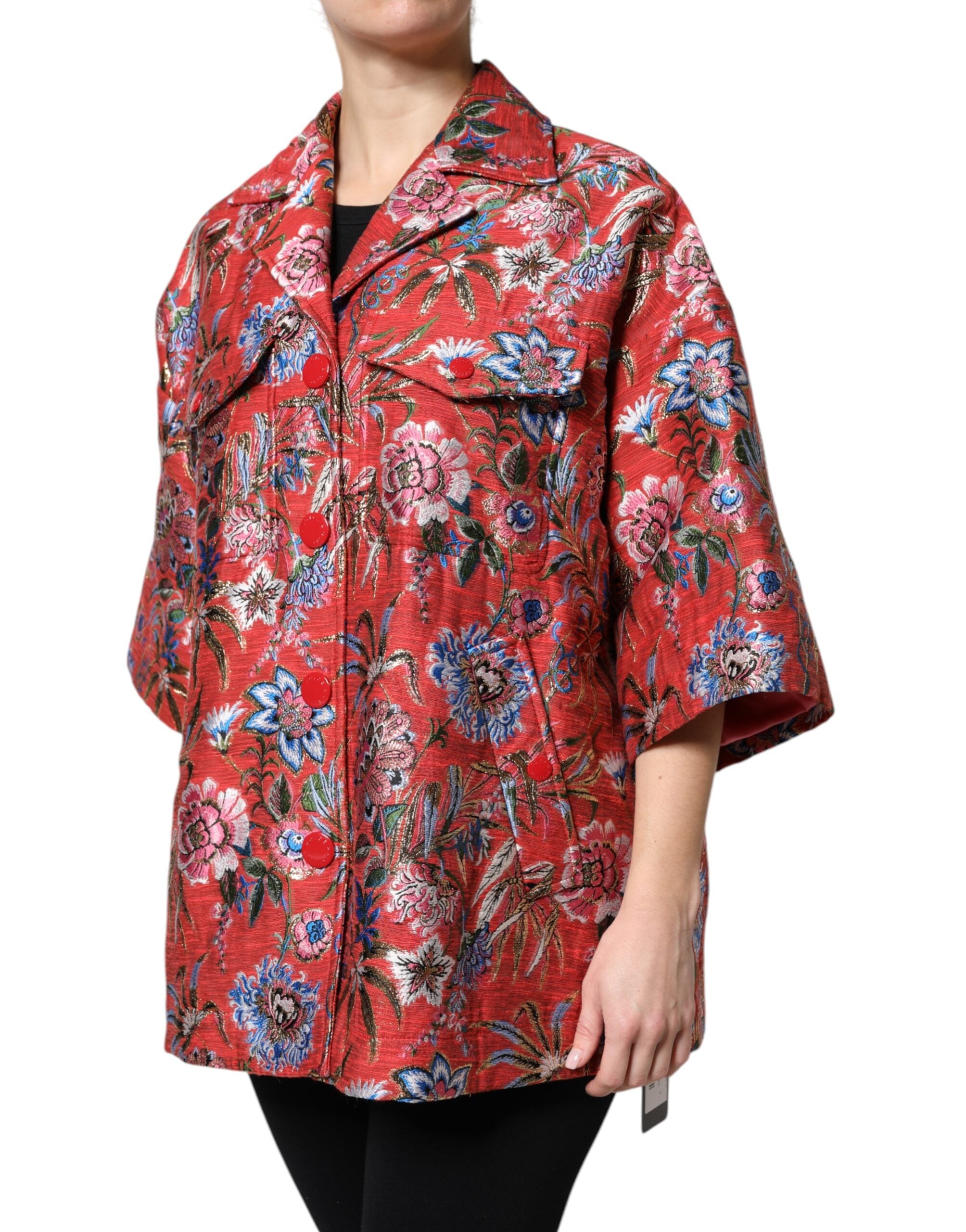 Red Floral Jacquard Button Down Coat Jacket - ventzia