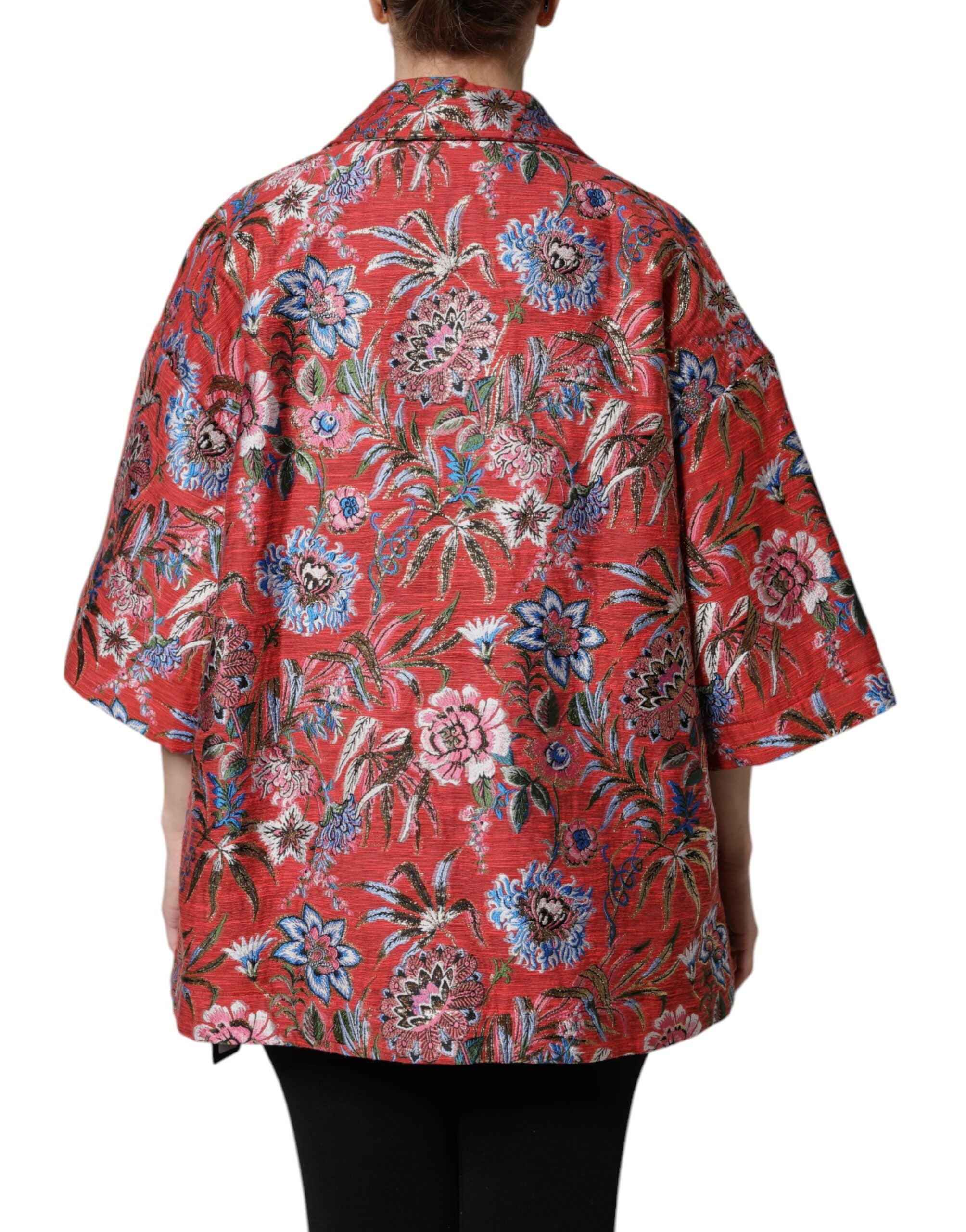 Red Floral Jacquard Button Down Coat Jacket - ventzia