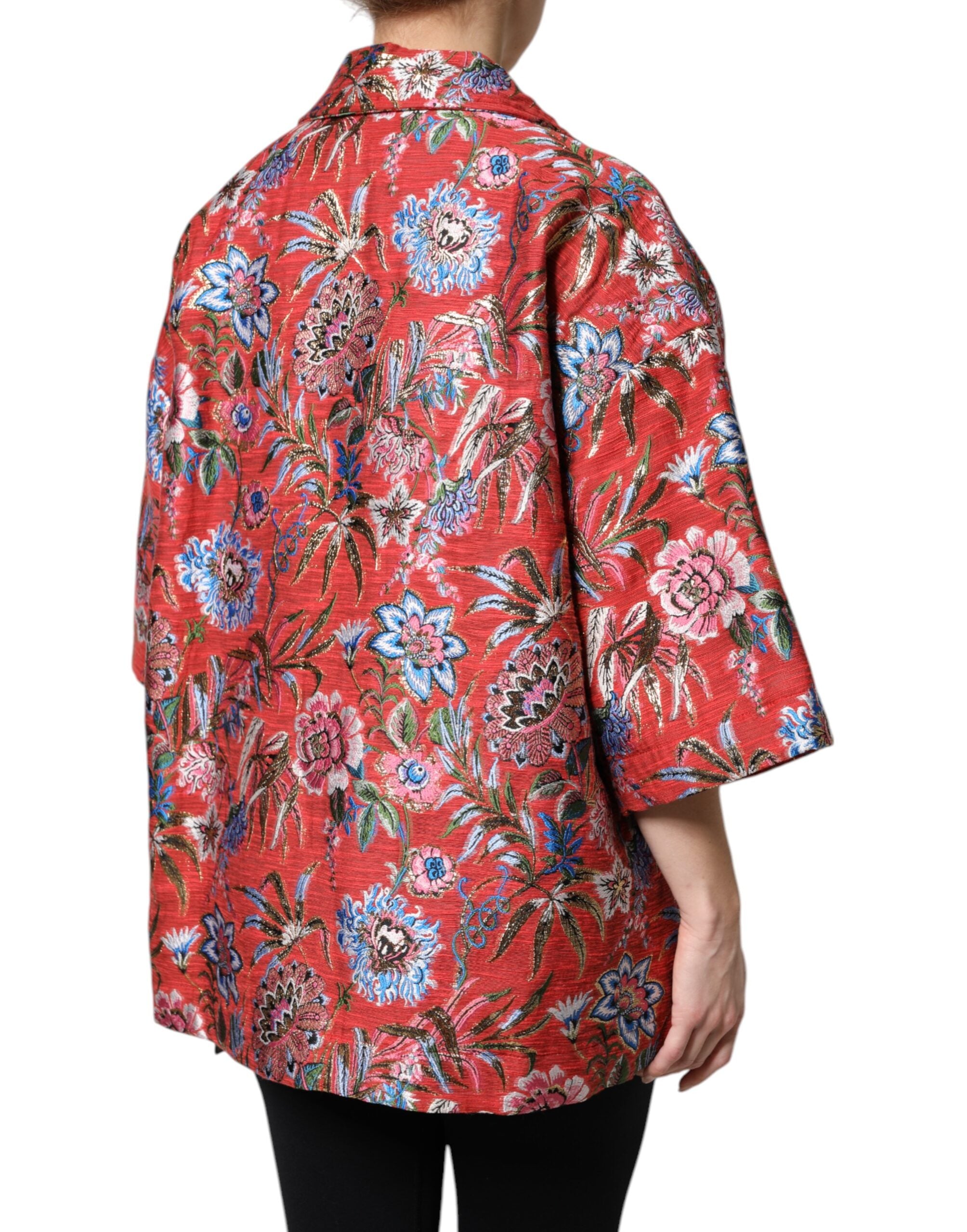 Red Floral Jacquard Button Down Coat Jacket - ventzia