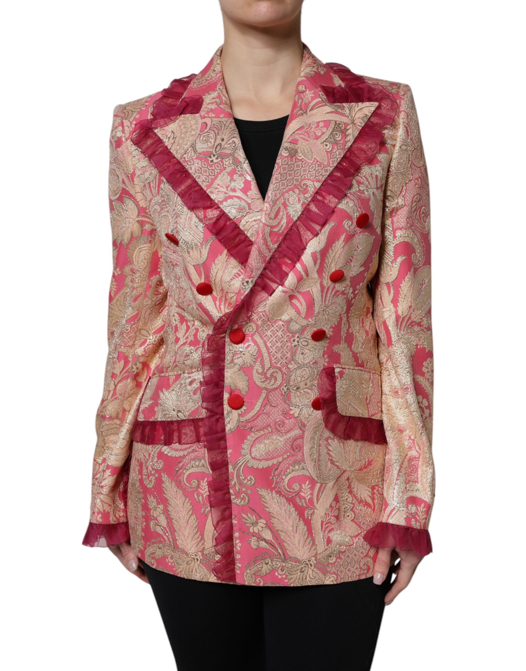 Pink Gold Jacquard Nylon Coat Blazer Jacket - ventzia