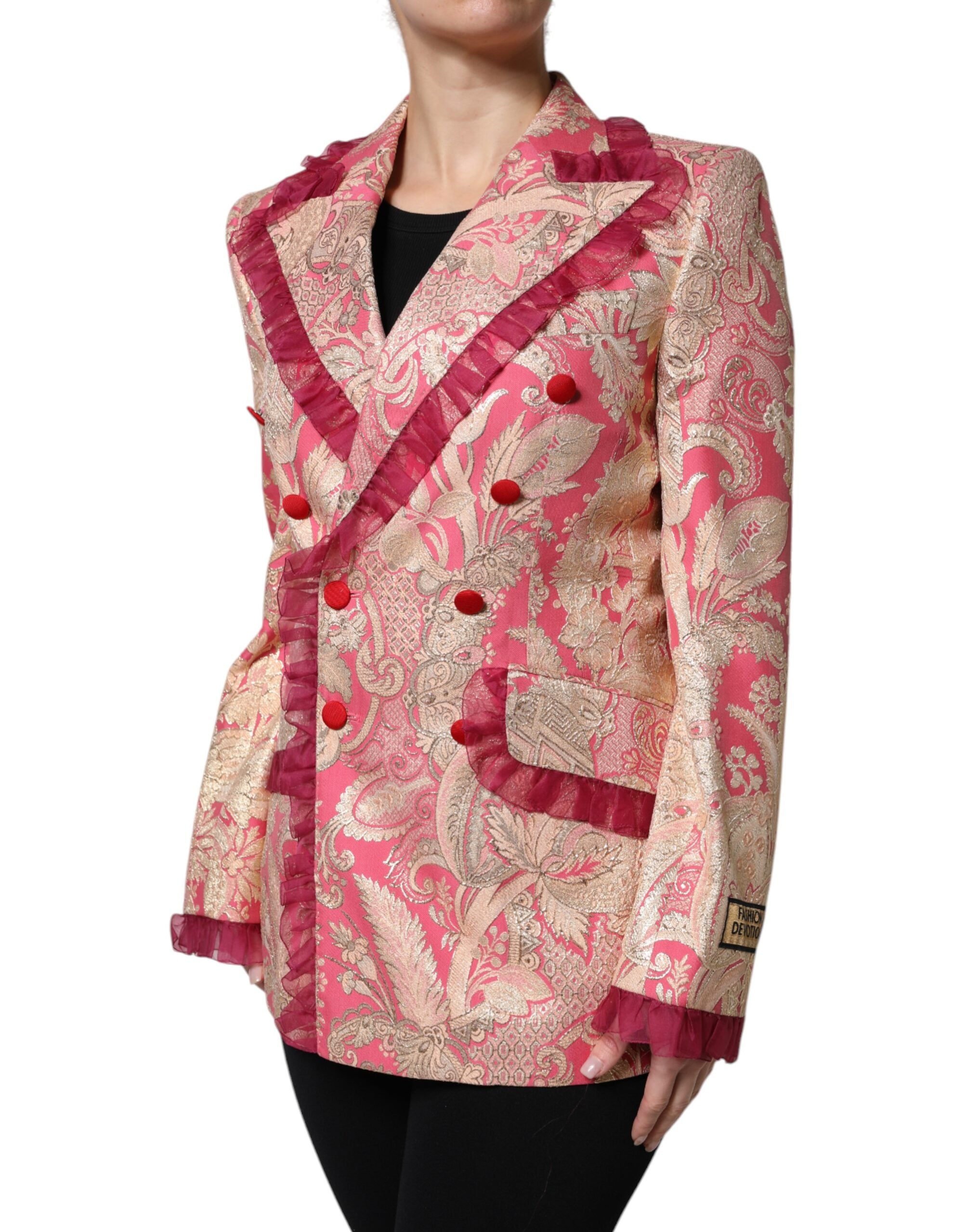 Pink Gold Jacquard Nylon Coat Blazer Jacket - ventzia