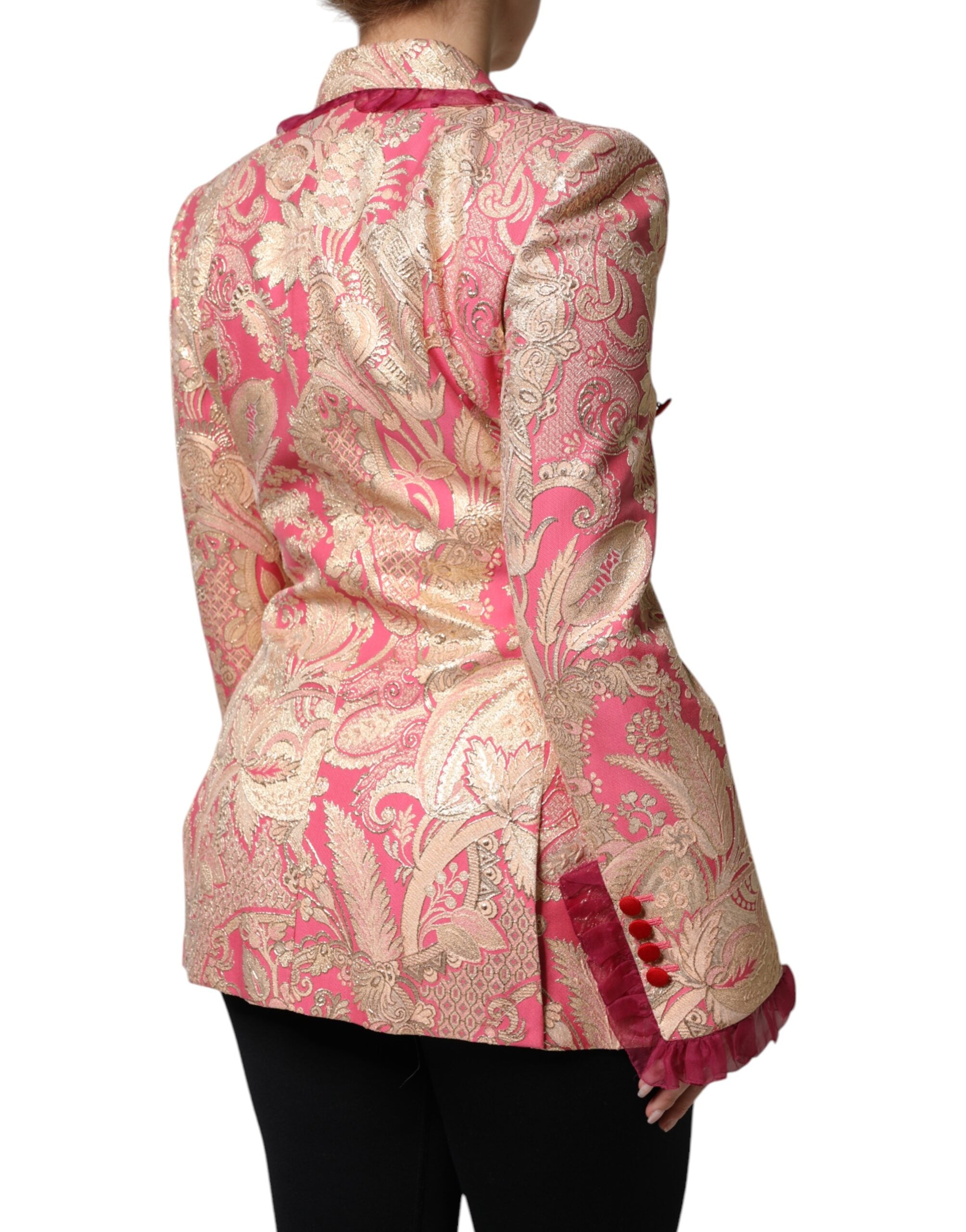 Pink Gold Jacquard Nylon Coat Blazer Jacket - ventzia
