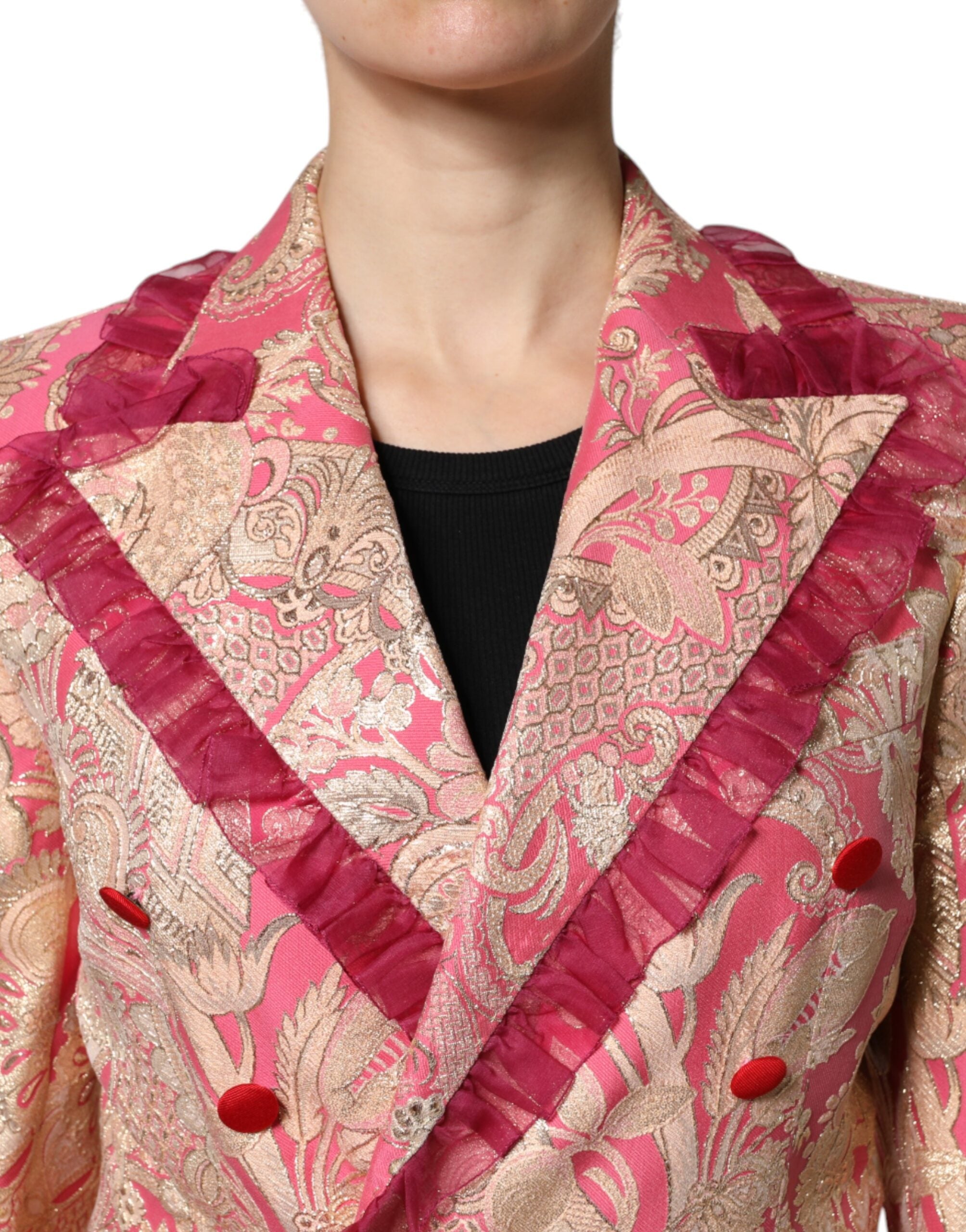 Pink Gold Jacquard Nylon Coat Blazer Jacket - ventzia
