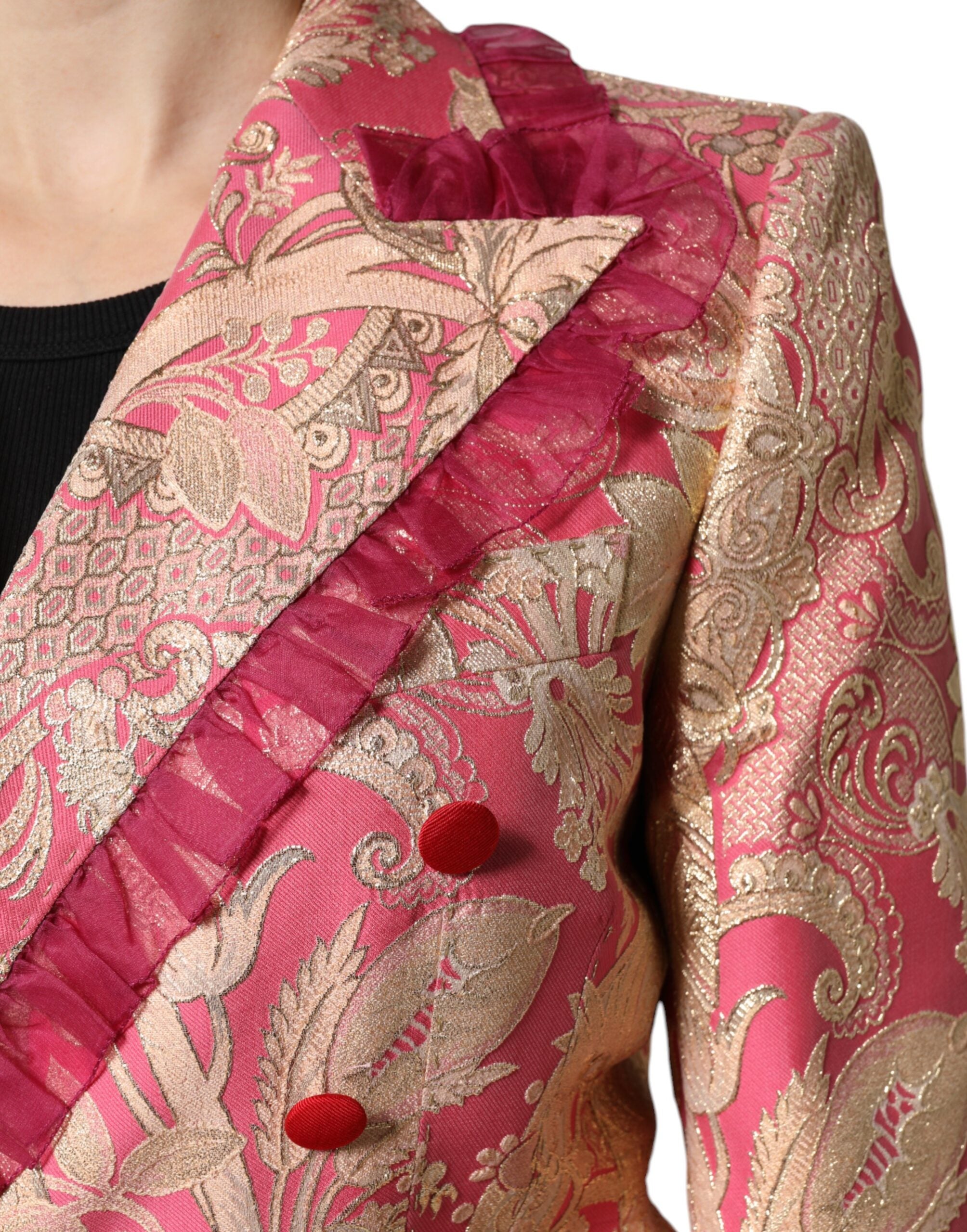 Pink Gold Jacquard Nylon Coat Blazer Jacket - ventzia