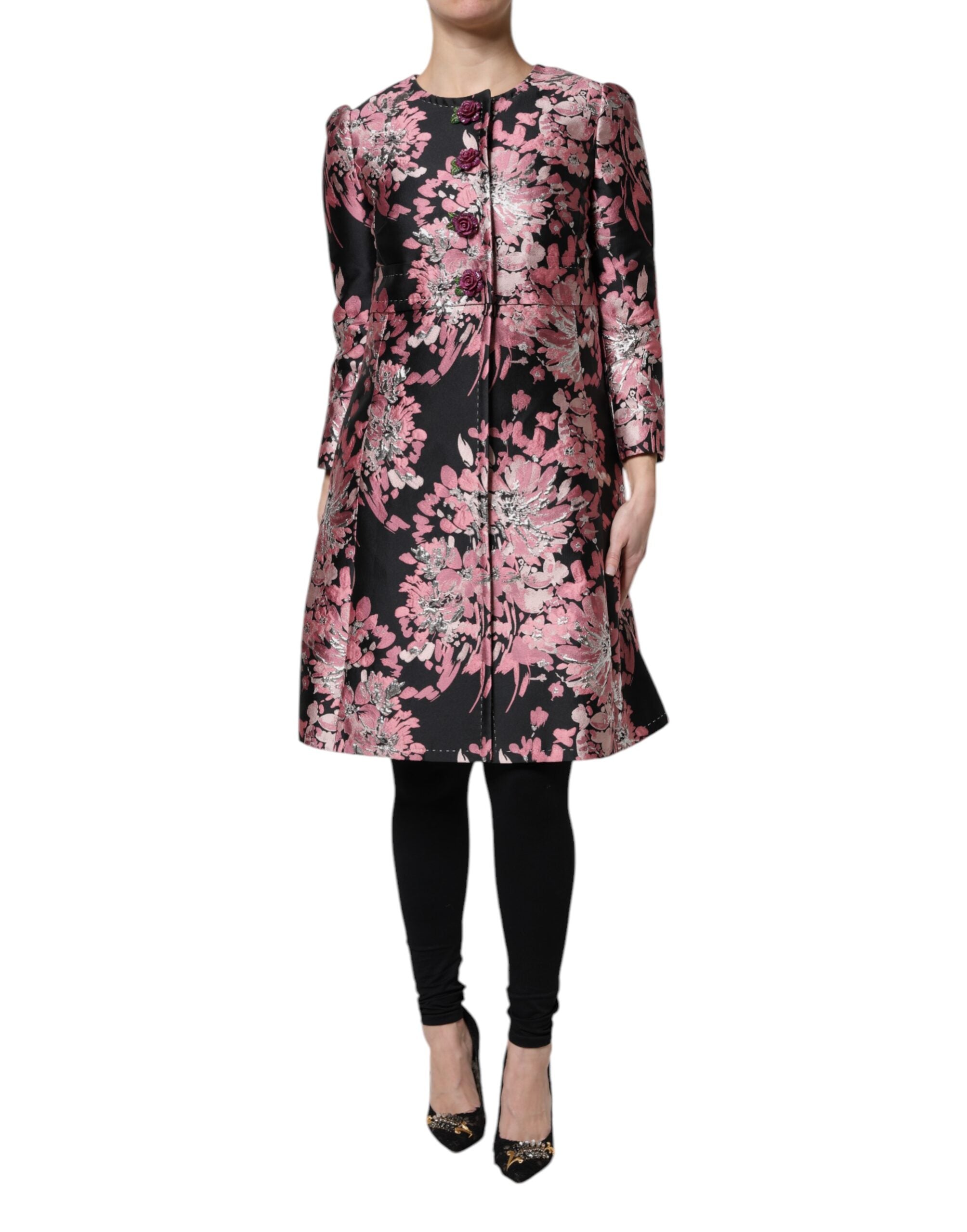 Pink Black Floral Brocade Trenchcoat Jacket - ventzia